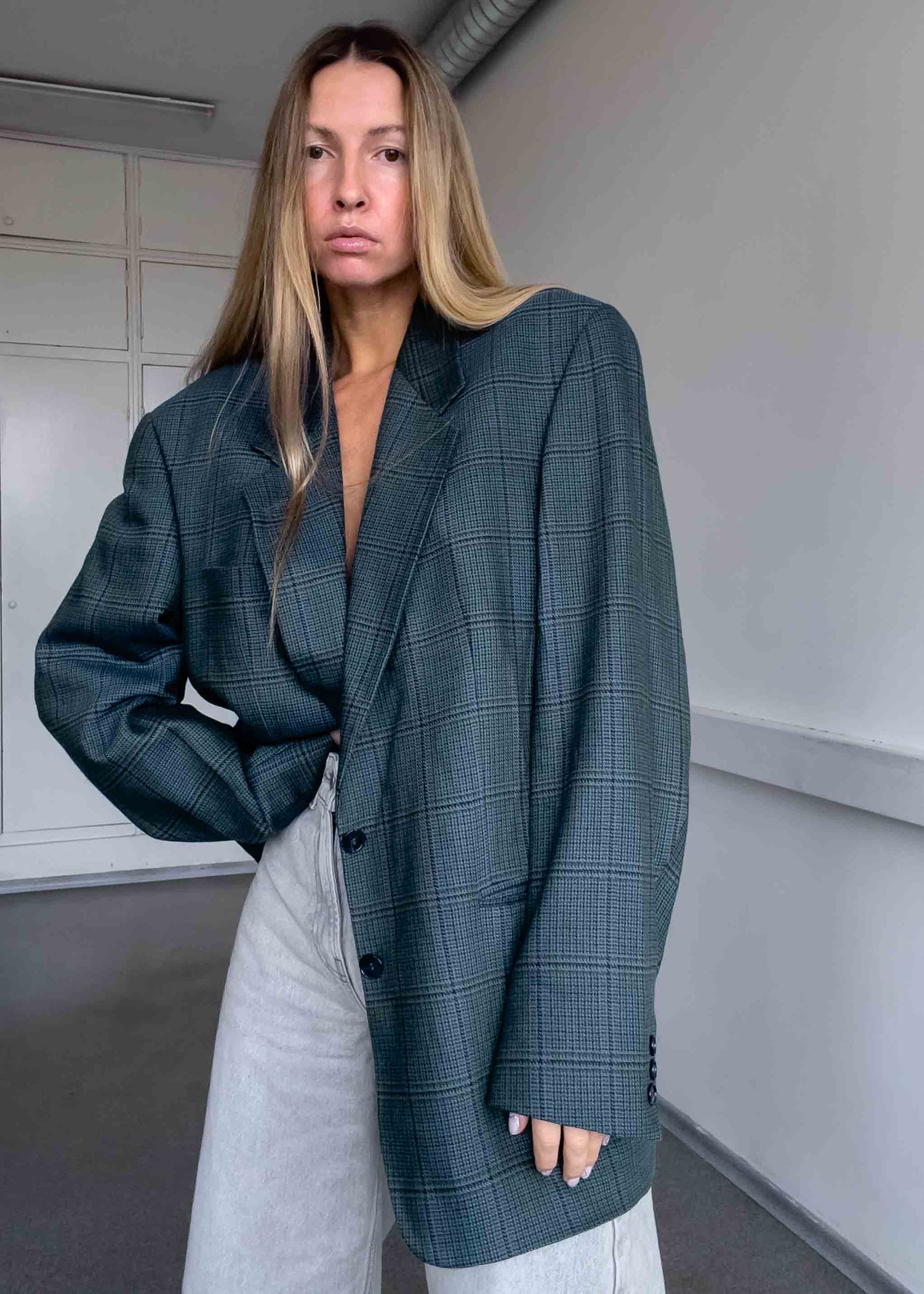 Vintage Green Checked 100% WOOL Oversized Blazer