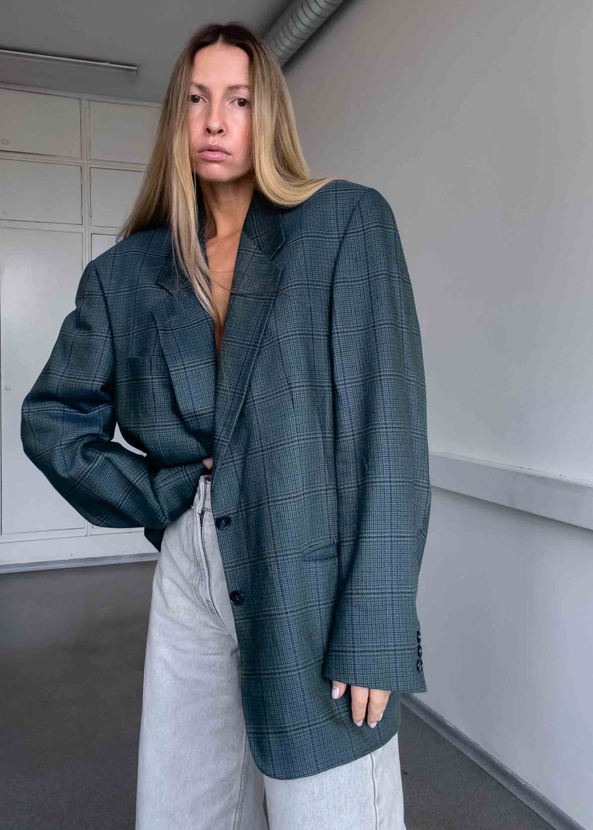 Vintage Green Checked 100% WOOL Oversized Blazer