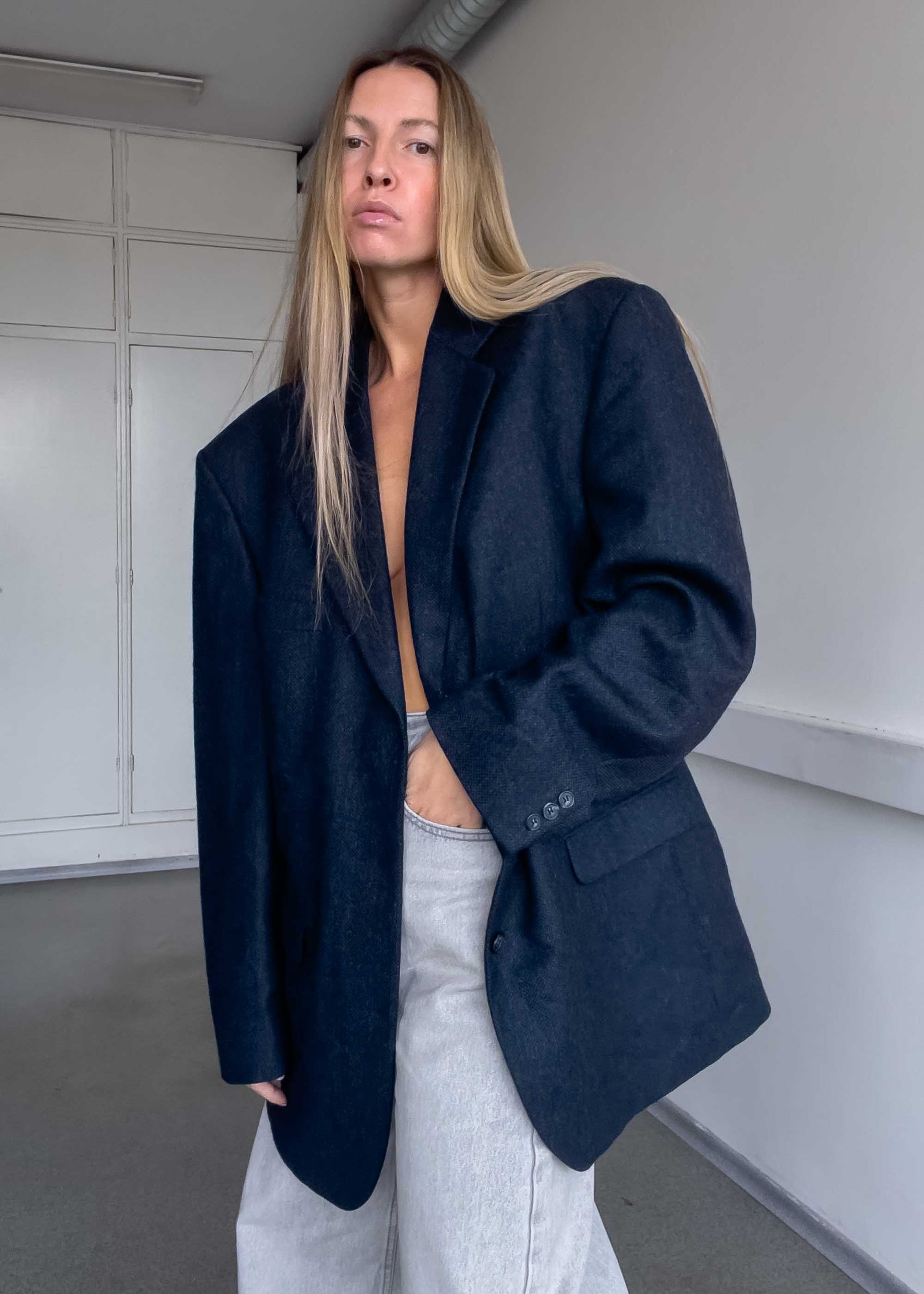 Vintage Blue Tweed 100% Wool Oversized Blazer