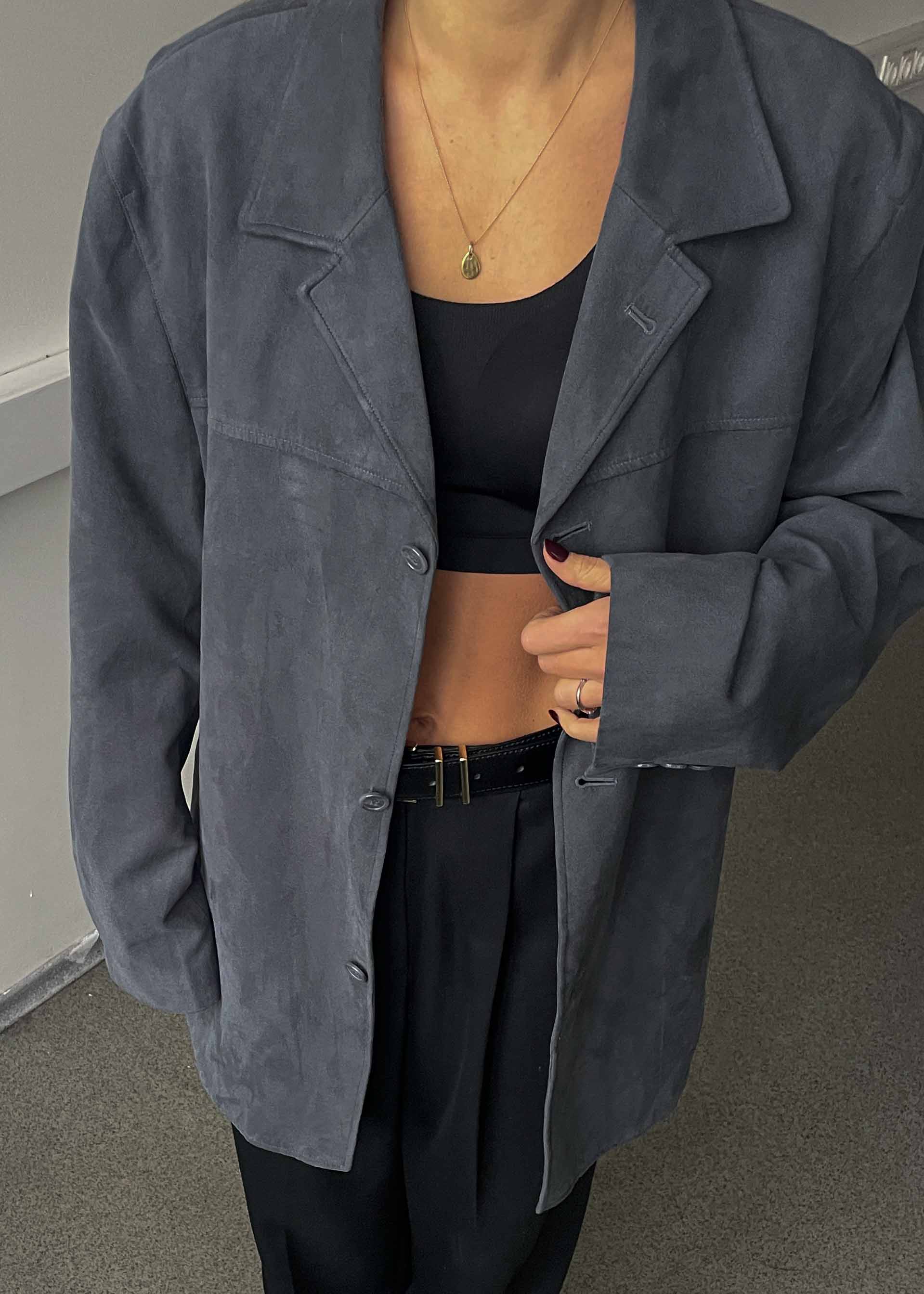 Vintage Grey Faux Suede Oversized Blazer