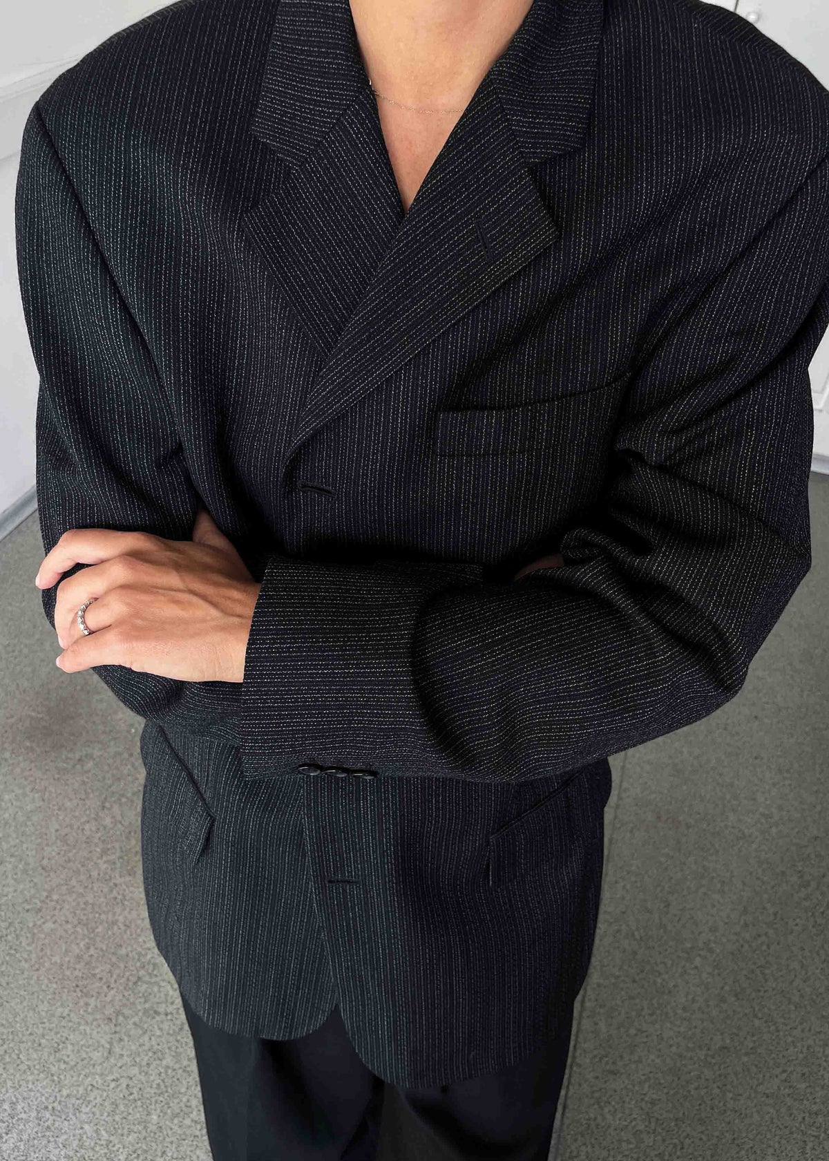 Vintage Black Stripy Oversized 100% WOOL Blazer