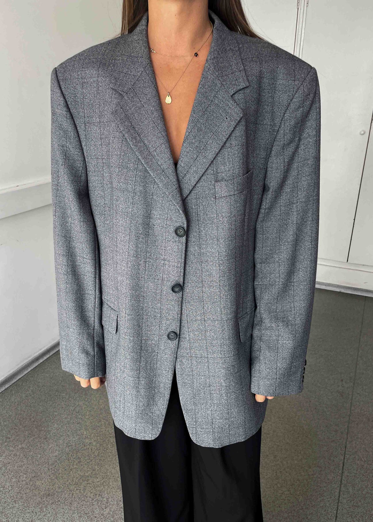 Vintage Light Grey Checked Oversized 100% WOOL Blazer