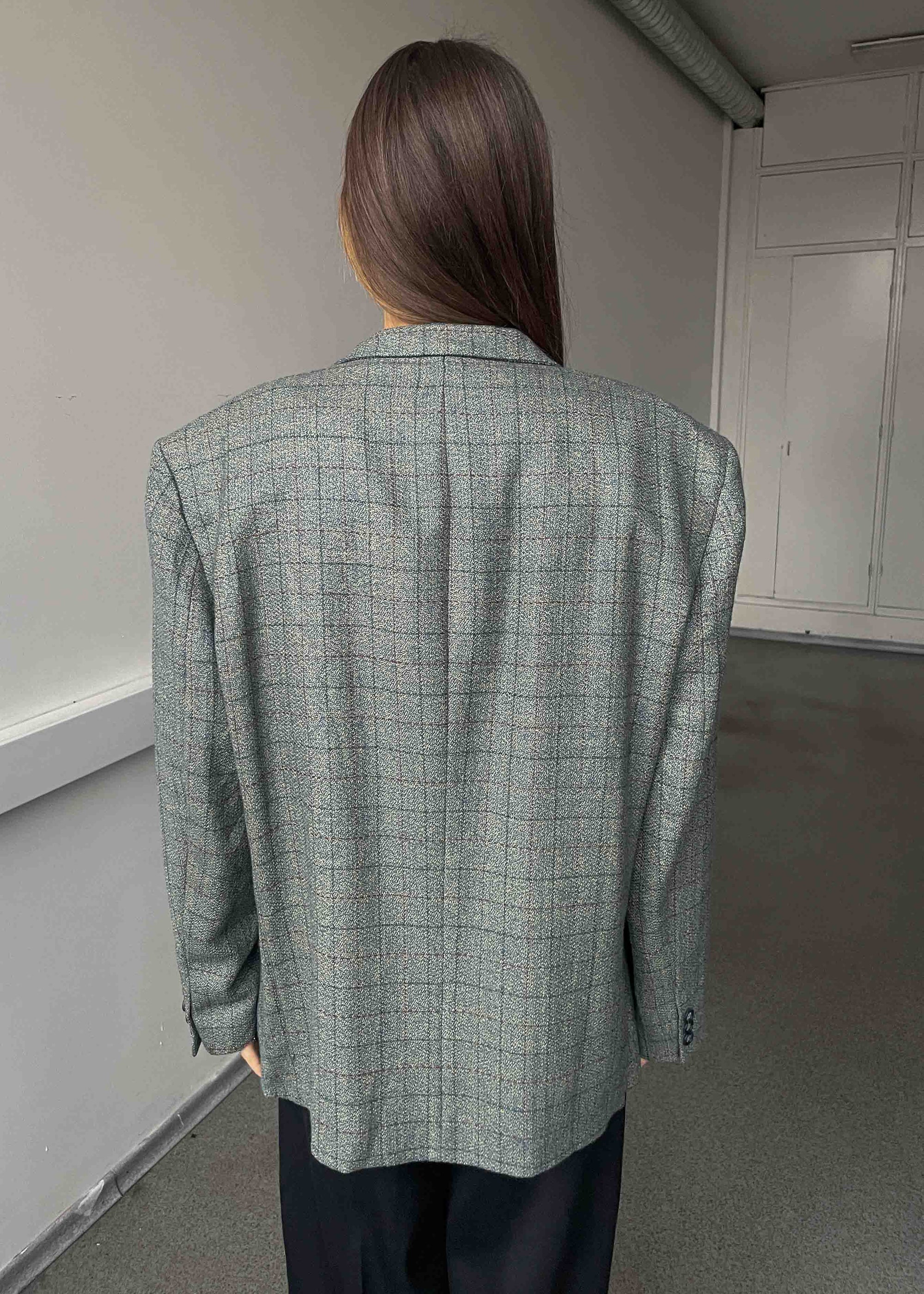 Vintage Light Blue Checked Oversized 100% WOOL Blazer