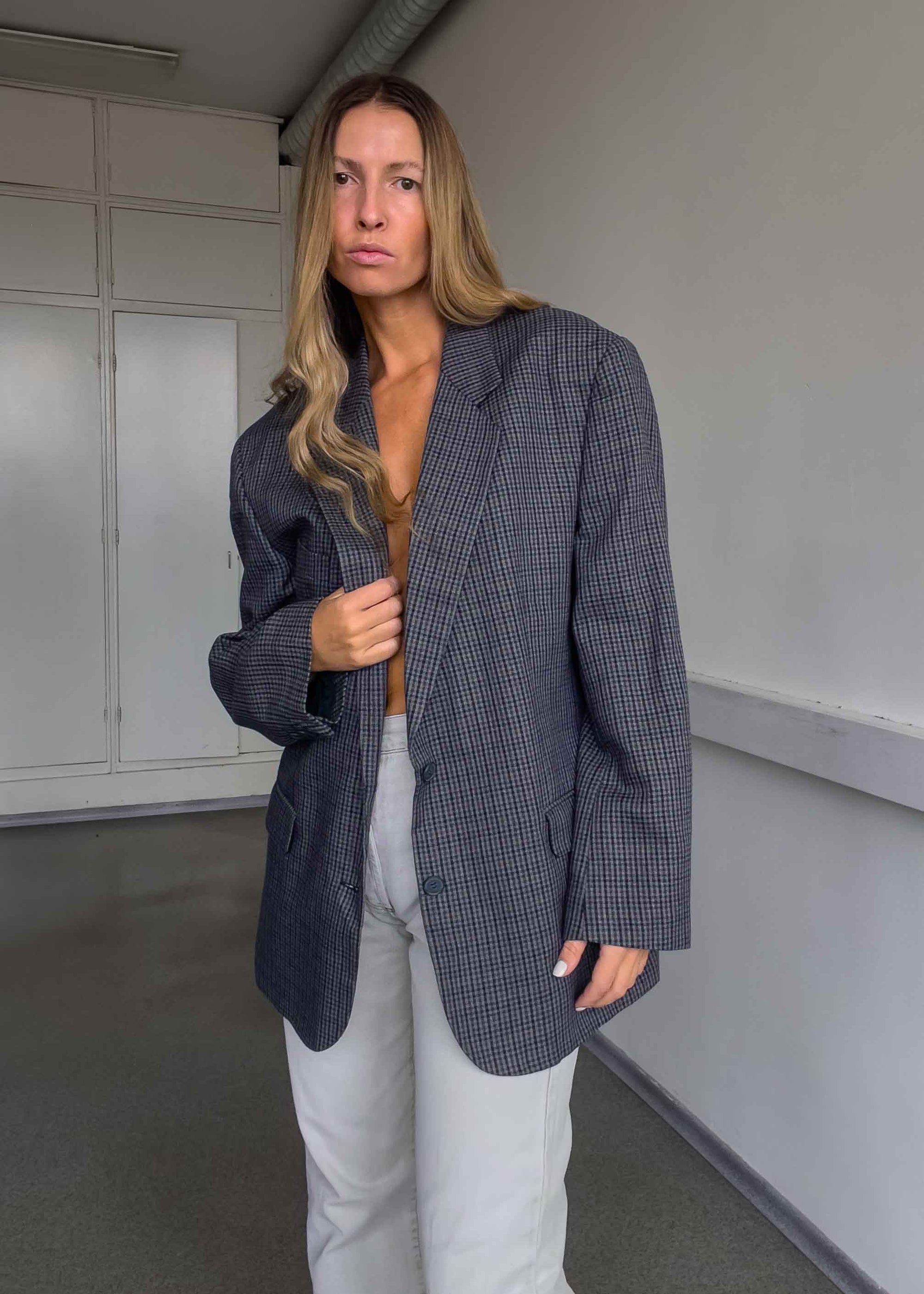 Vintage Blue Checked Oversized Blazer
