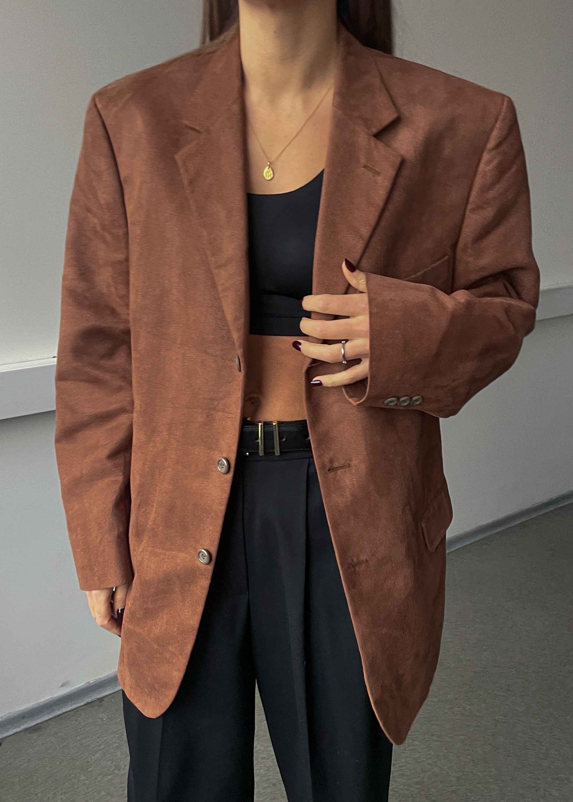 Vintage Brown Faux Suede Oversized Blazer