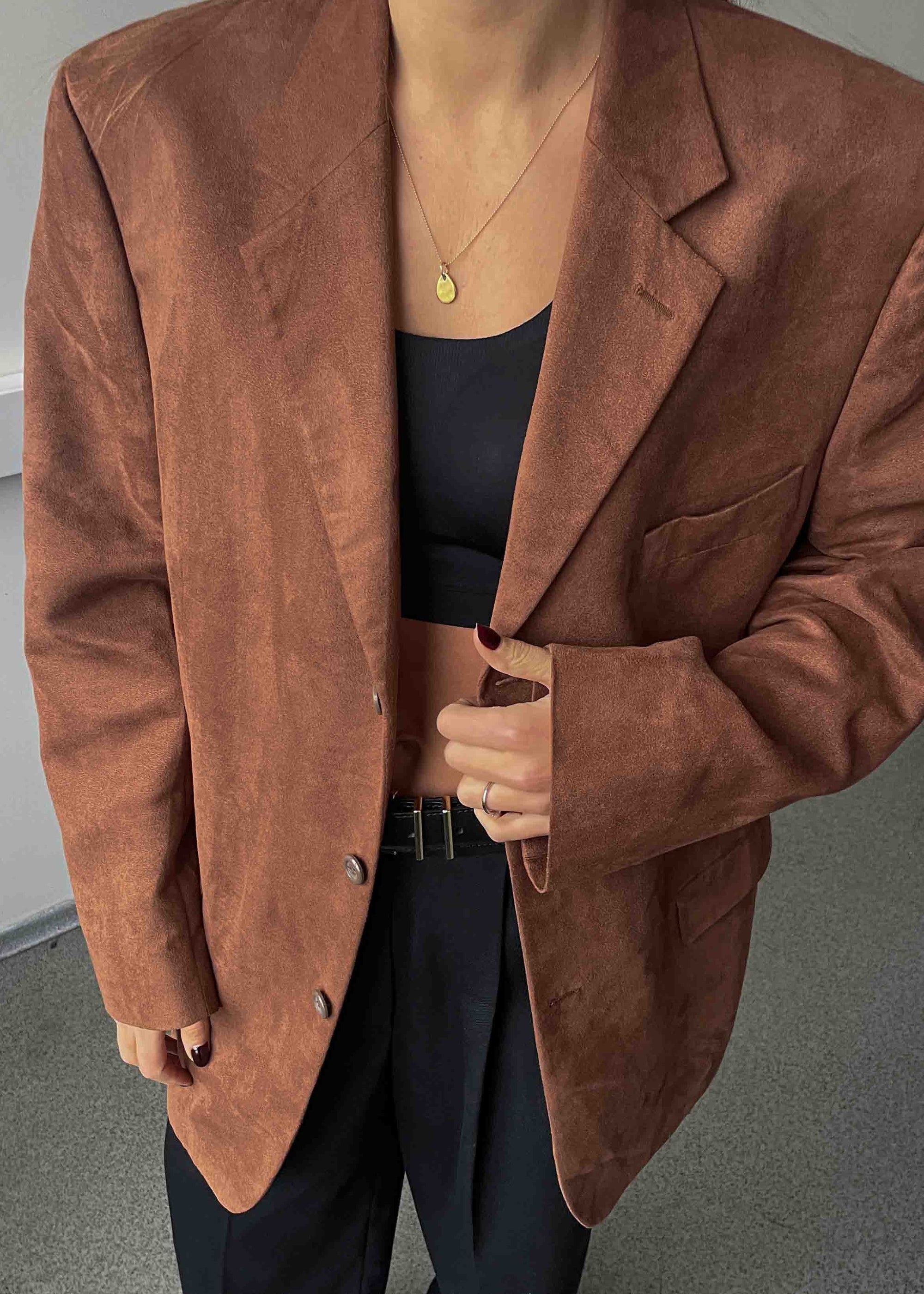 Vintage Brown Faux Suede Oversized Blazer