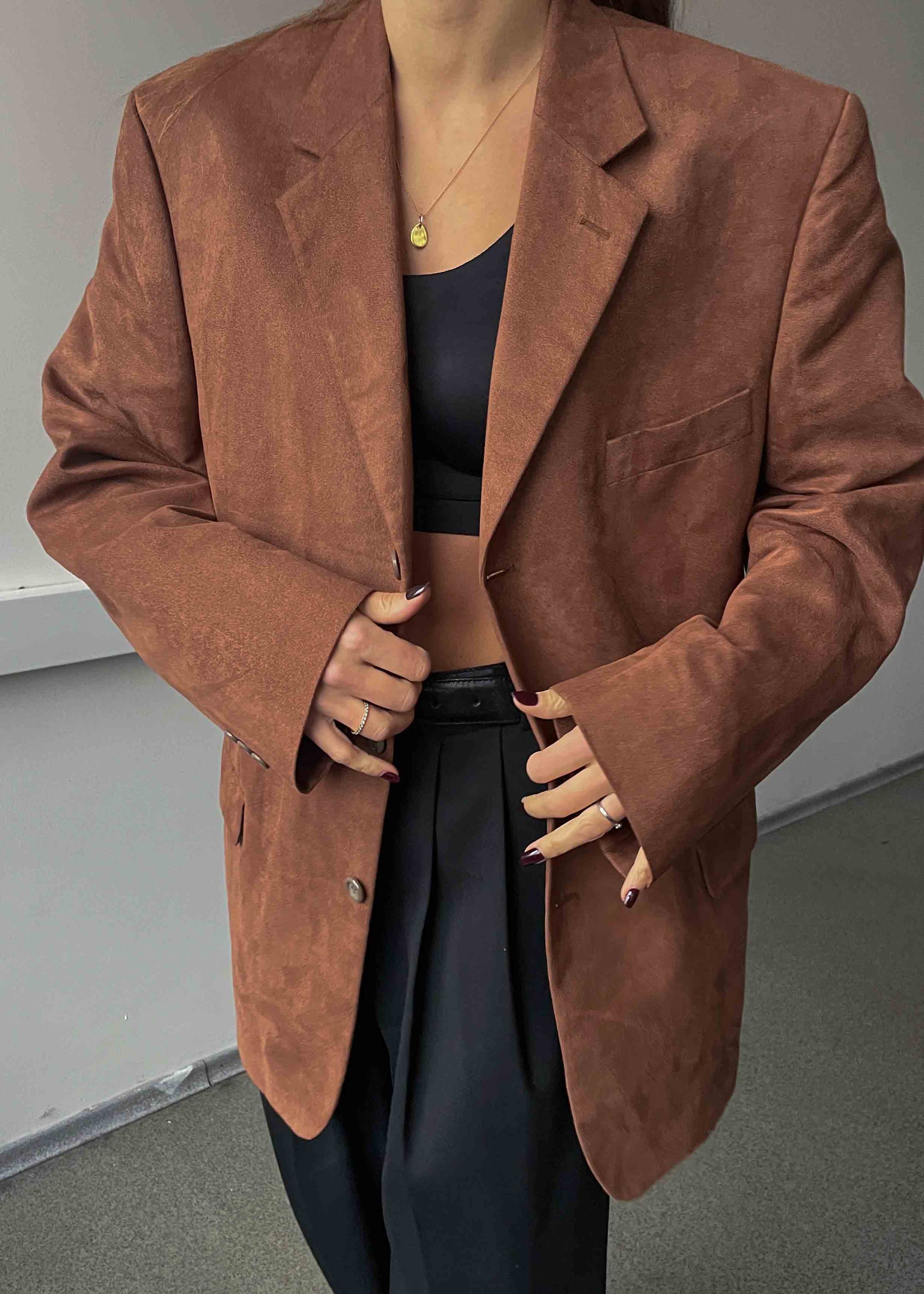 Vintage Brown Faux Suede Oversized Blazer
