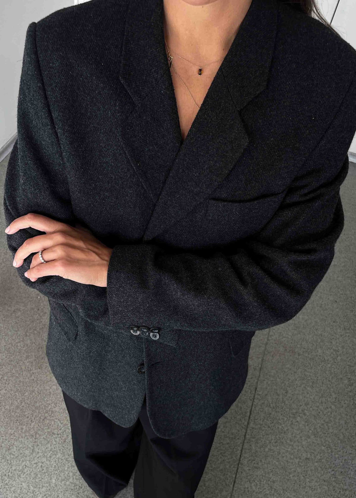 Vintage Dark Grey Brushed Wool Oversized Blazer