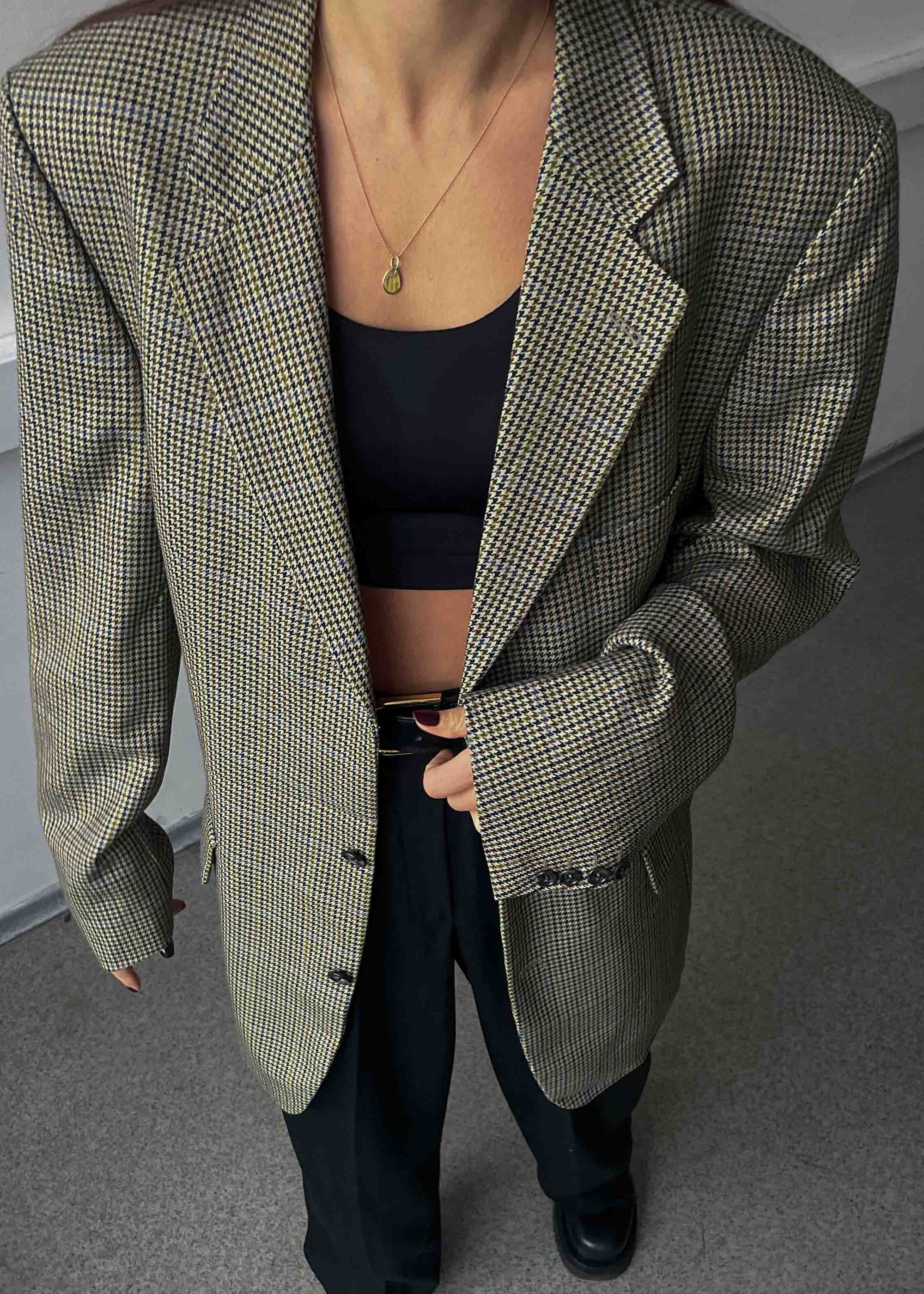 Vintage Green Dogtooth Print Oversized 100% WOOL Blazer