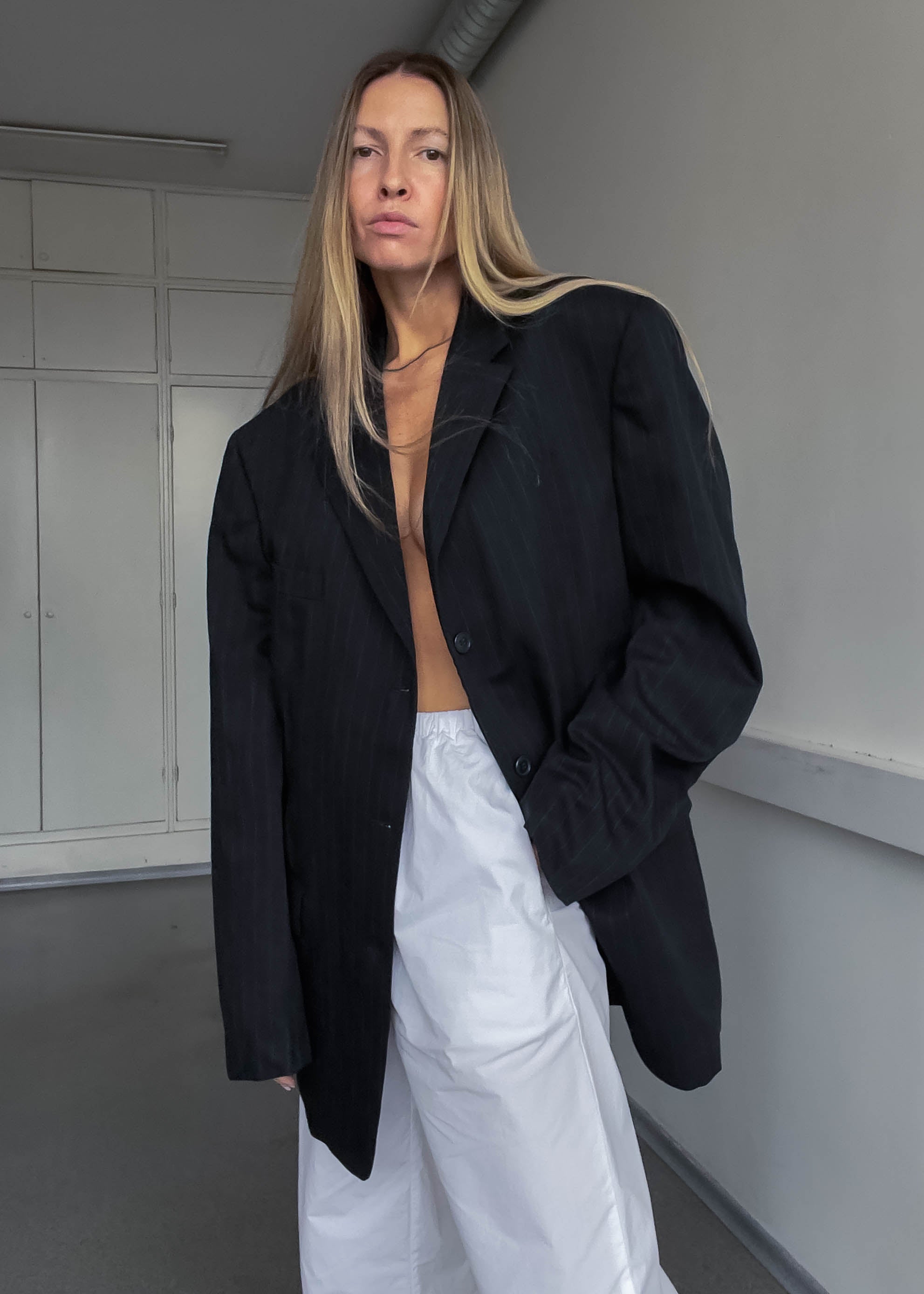 Vintage Dark Grey Striped Oversized 100% Wool Blazer