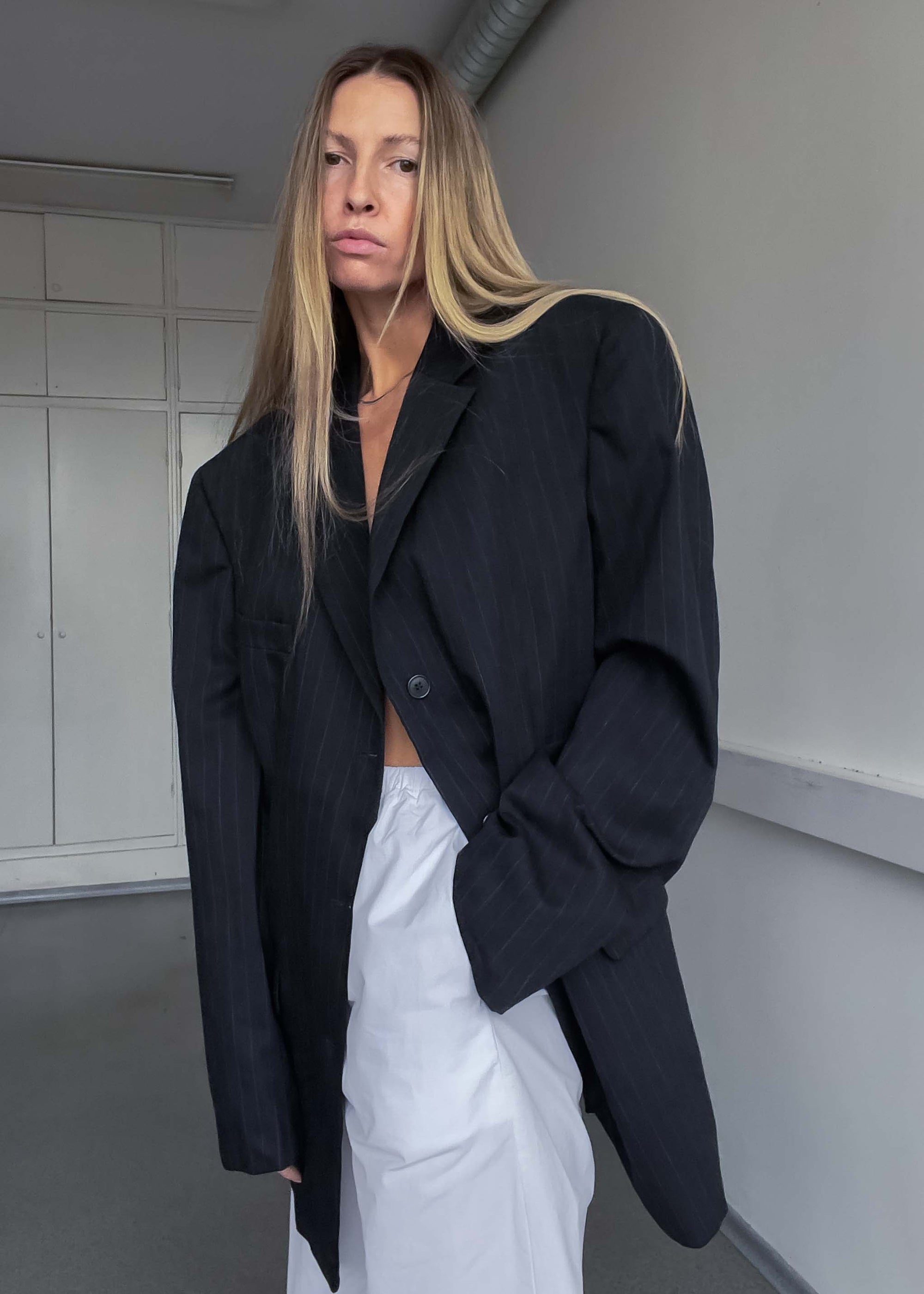 Vintage Dark Grey Striped Oversized 100% Wool Blazer