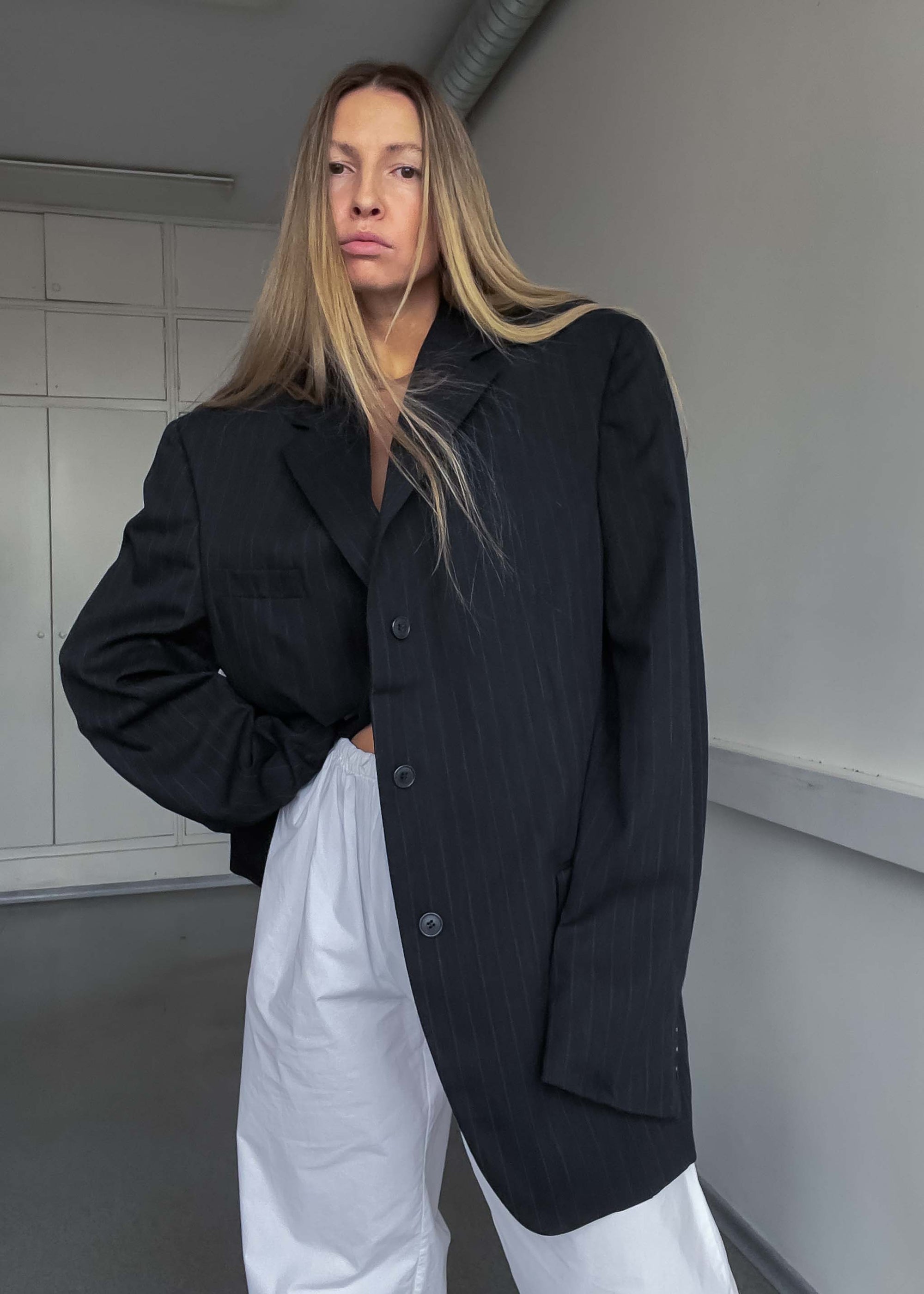 Vintage Dark Grey Striped Oversized 100% Wool Blazer