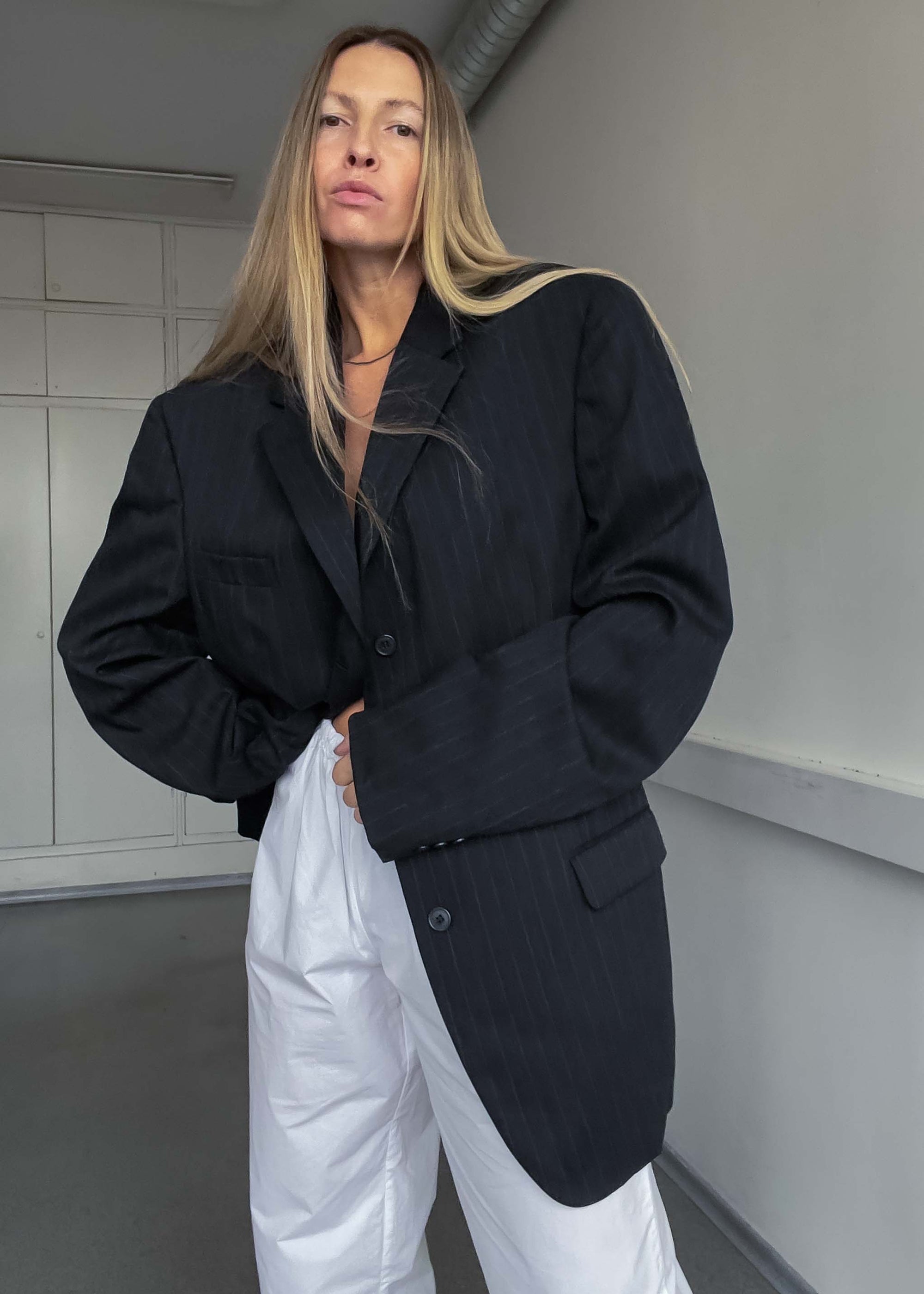 Vintage Dark Grey Striped Oversized 100% Wool Blazer