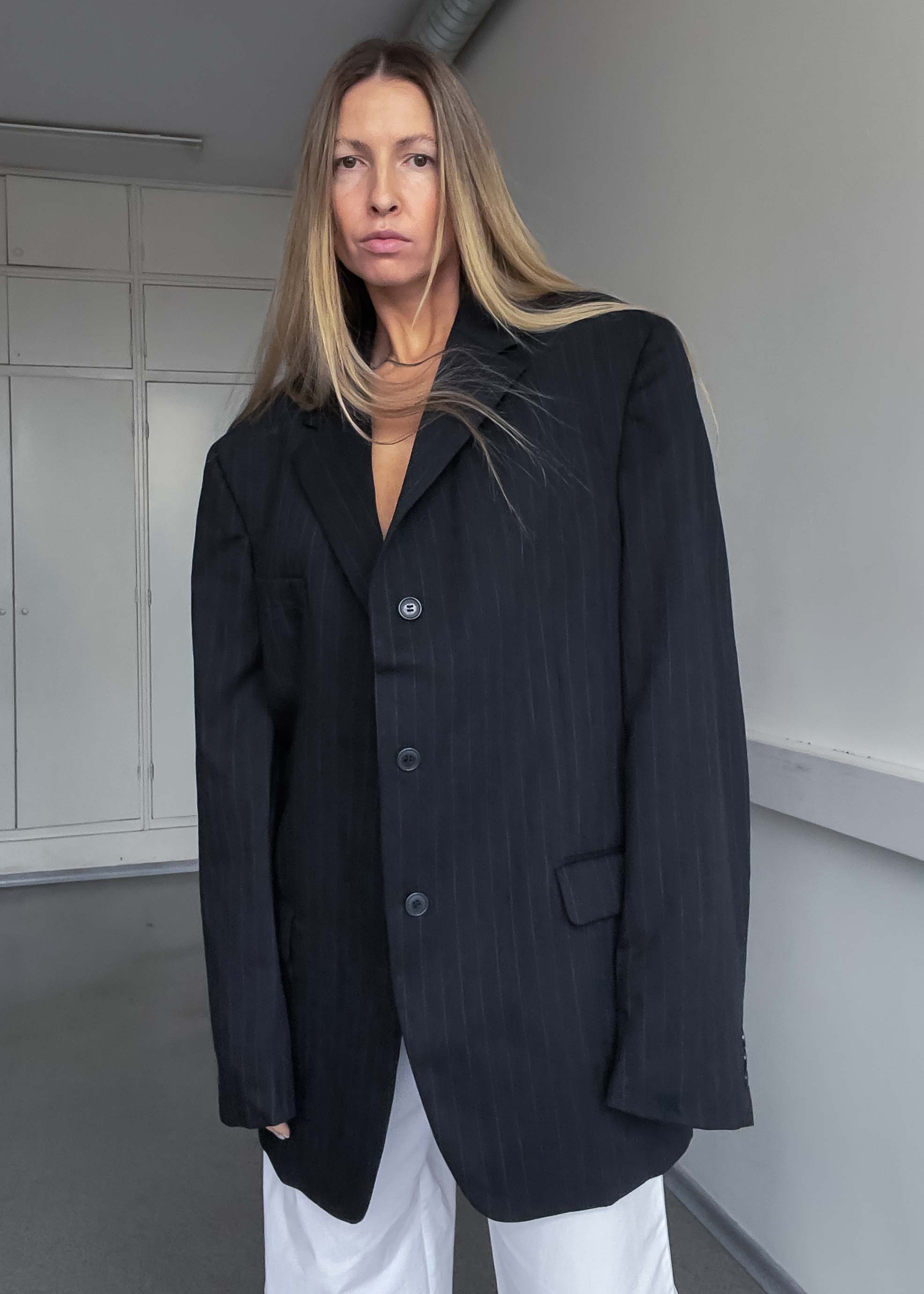 Vintage Dark Grey Striped Oversized 100% Wool Blazer