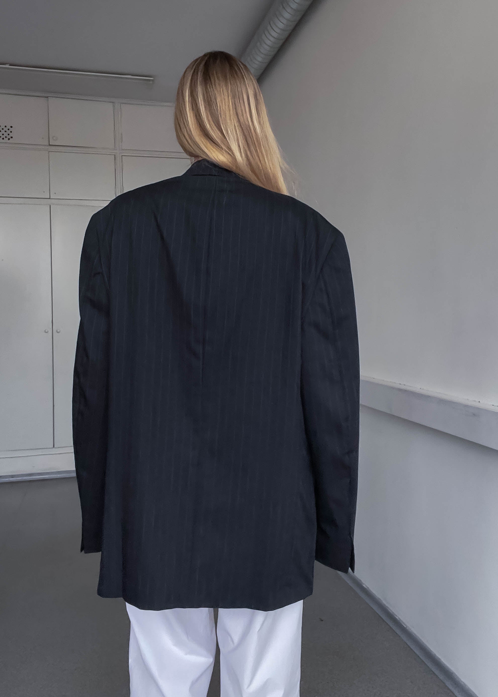 Vintage Dark Grey Striped Oversized 100% Wool Blazer