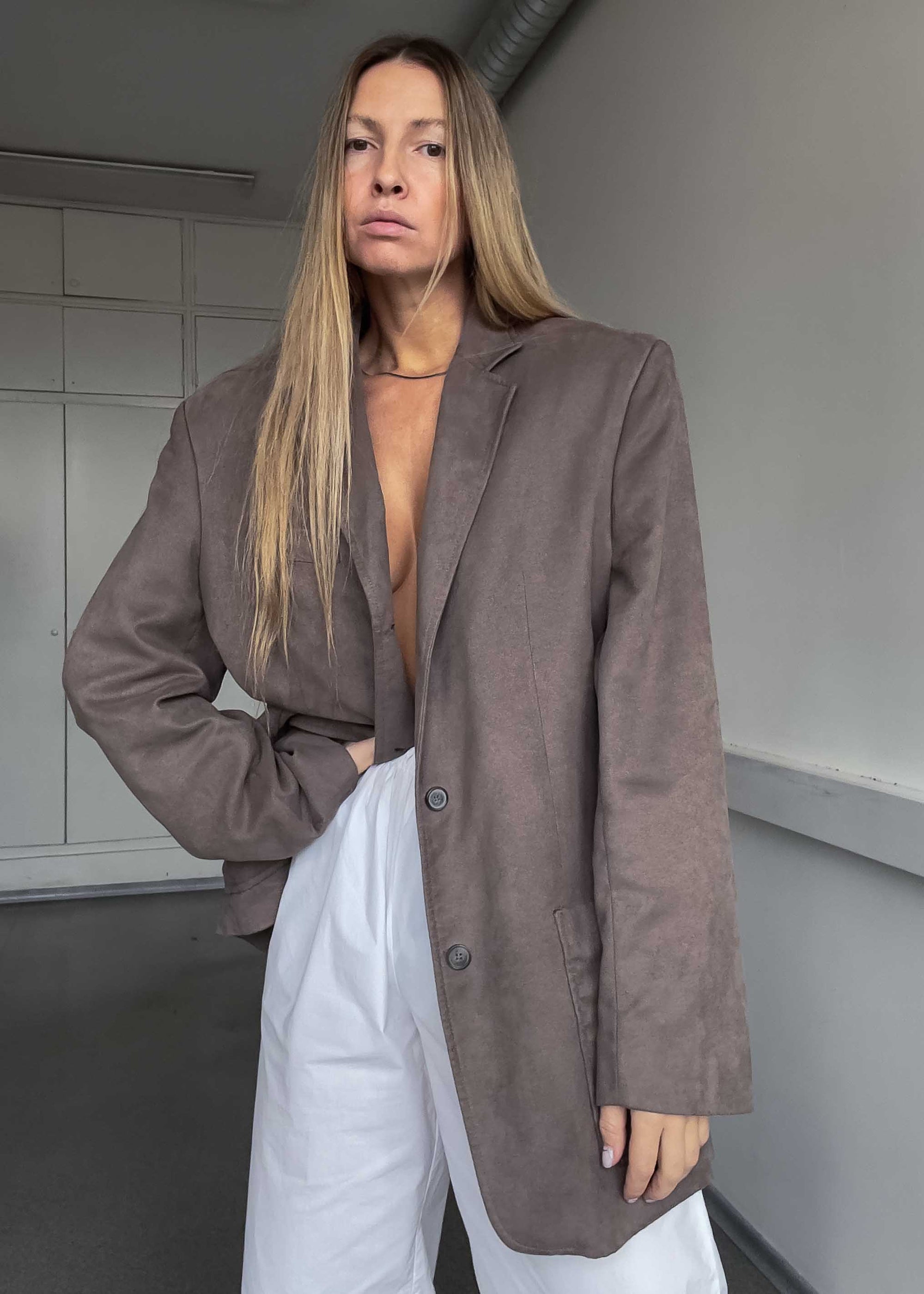 Vintage Grey Oversized Velvet Blazer