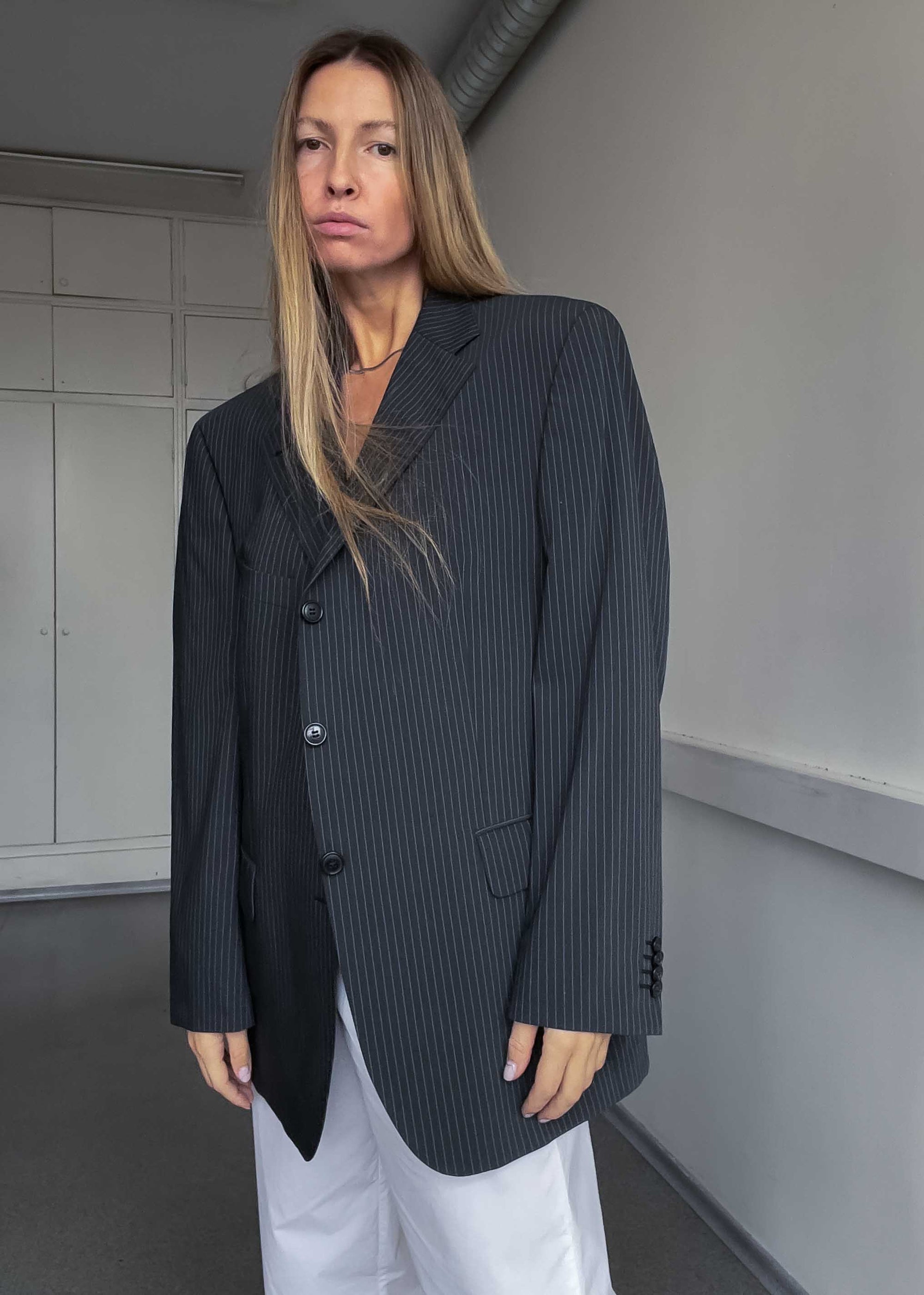 Vintage Grey Oversized Blazer with Blue Stripes
