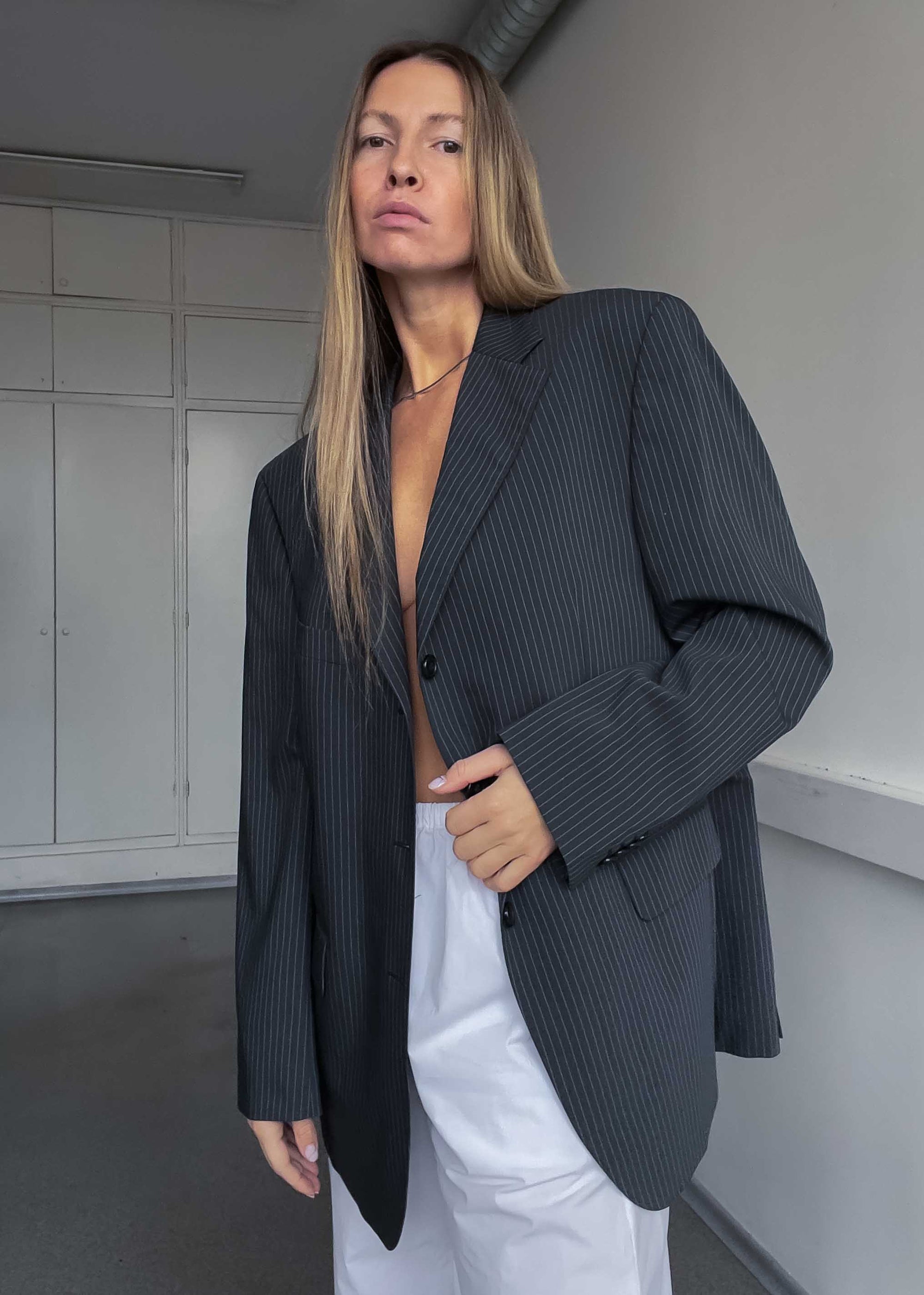 Vintage Grey Oversized Blazer with Blue Stripes