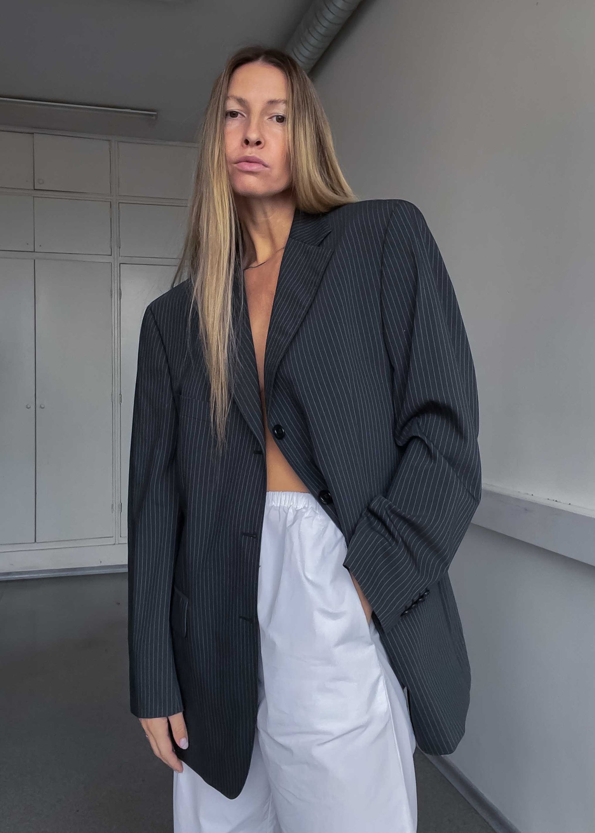 Vintage Grey Oversized Blazer with Blue Stripes