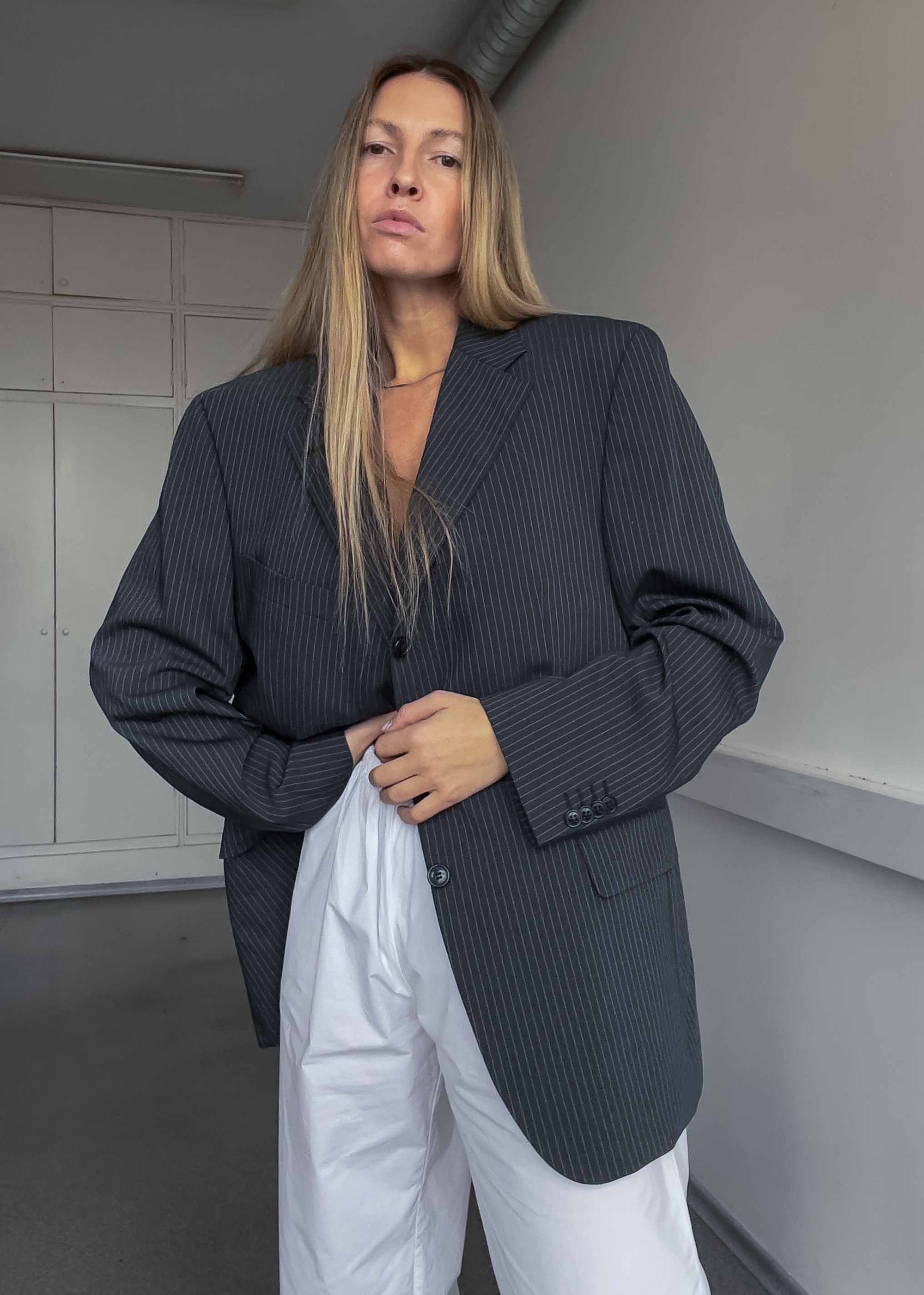 Vintage Grey Oversized Blazer with Blue Stripes