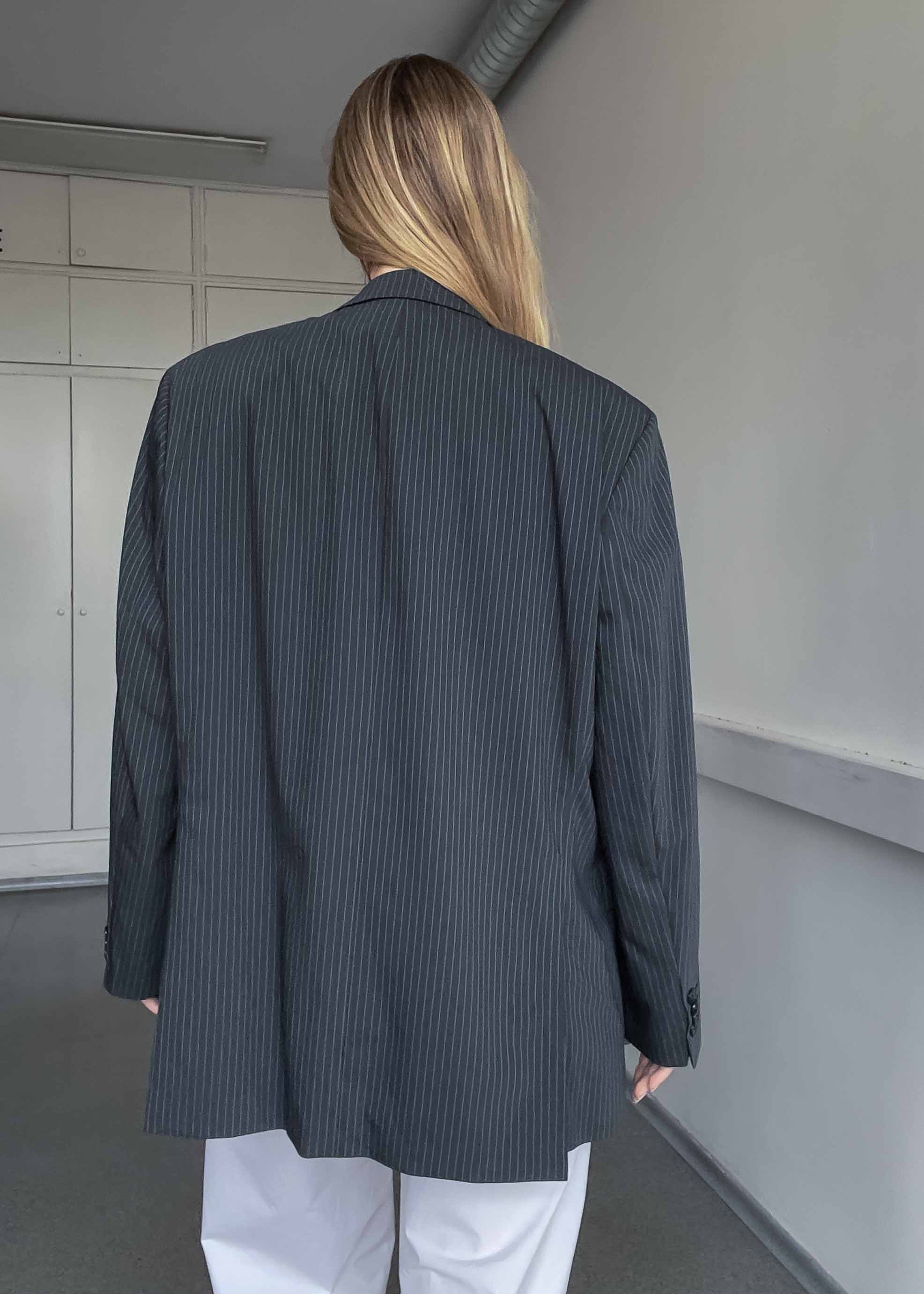Vintage Grey Oversized Blazer with Blue Stripes