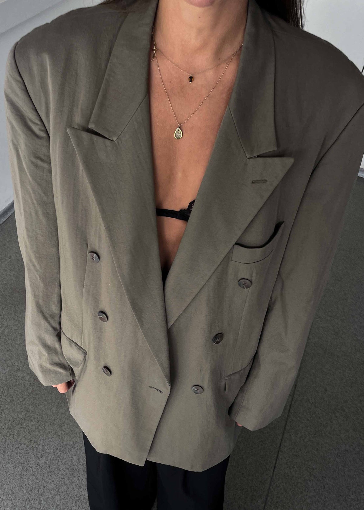 Vintage Khaki Green Oversized Double Breasted Blazer
