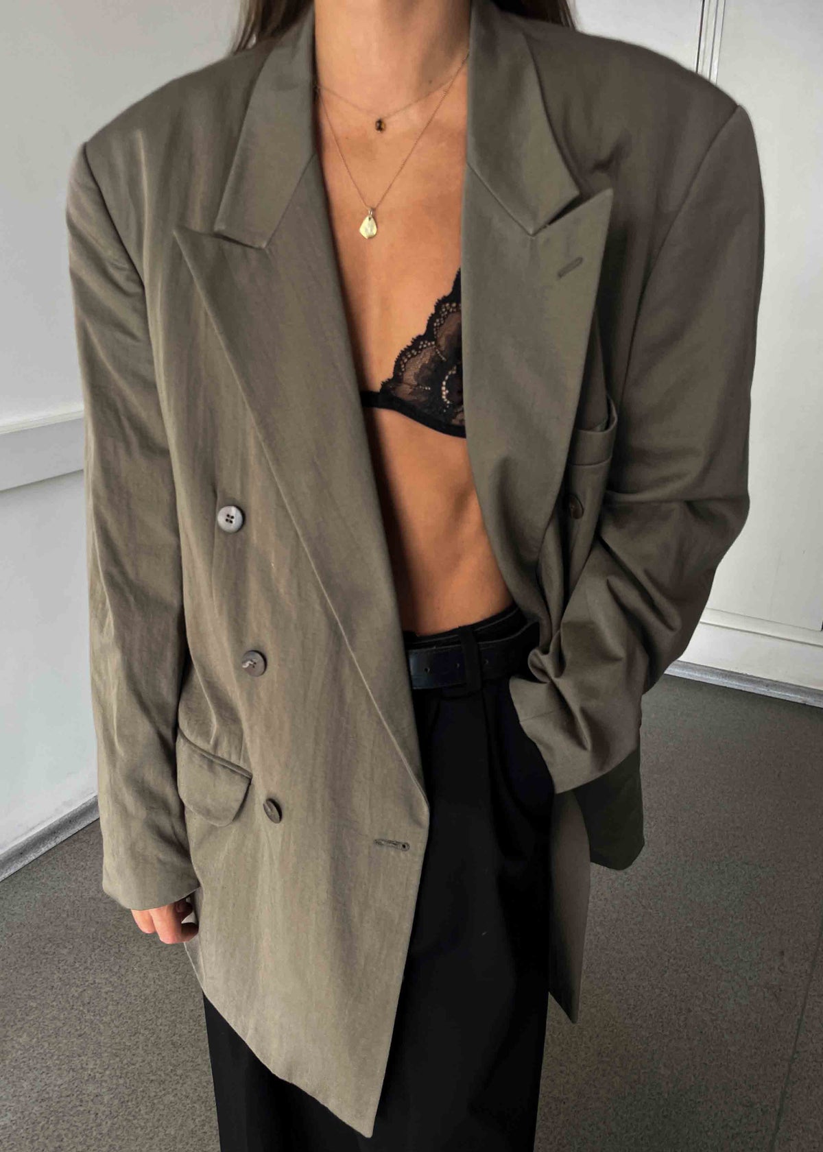 Vintage Khaki Green Oversized Double Breasted Blazer