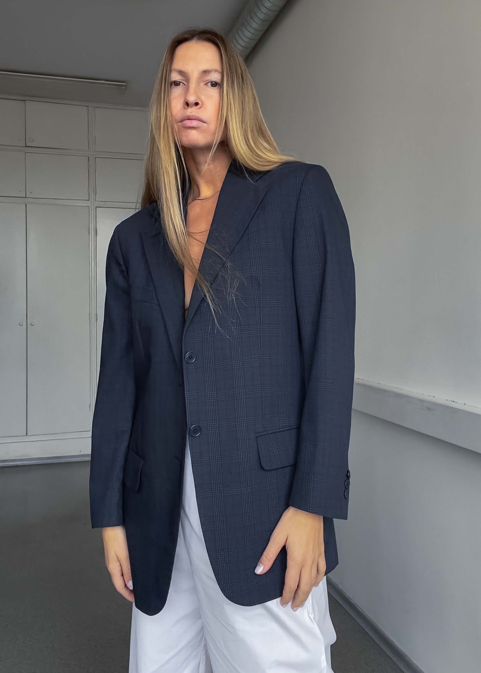 Vintage Dark Blue Checked Oversized 100% Light Wool Blazer