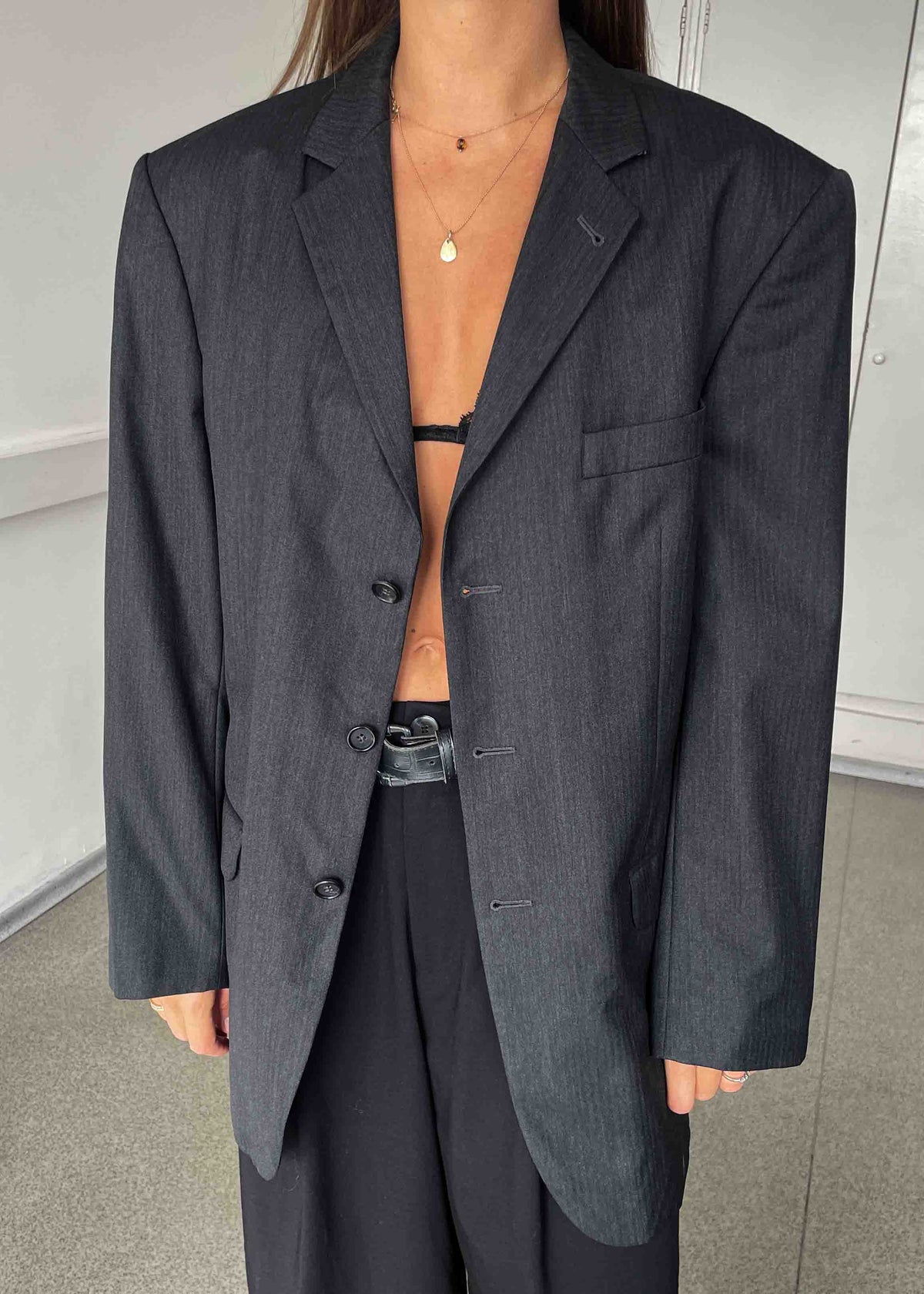 Vintage Grey Stripy Oversized 100% WOOL Blazer