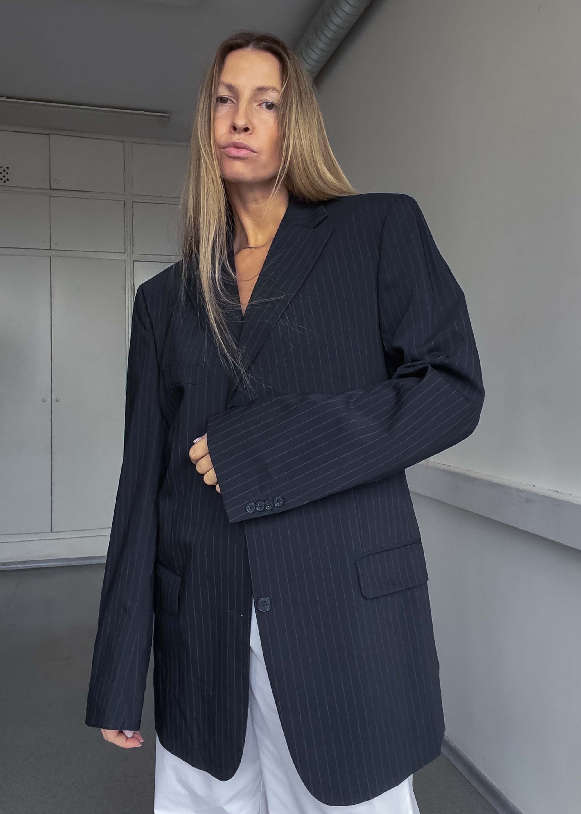 Vintage Navy Blue Oversized Pinstriped Blazer