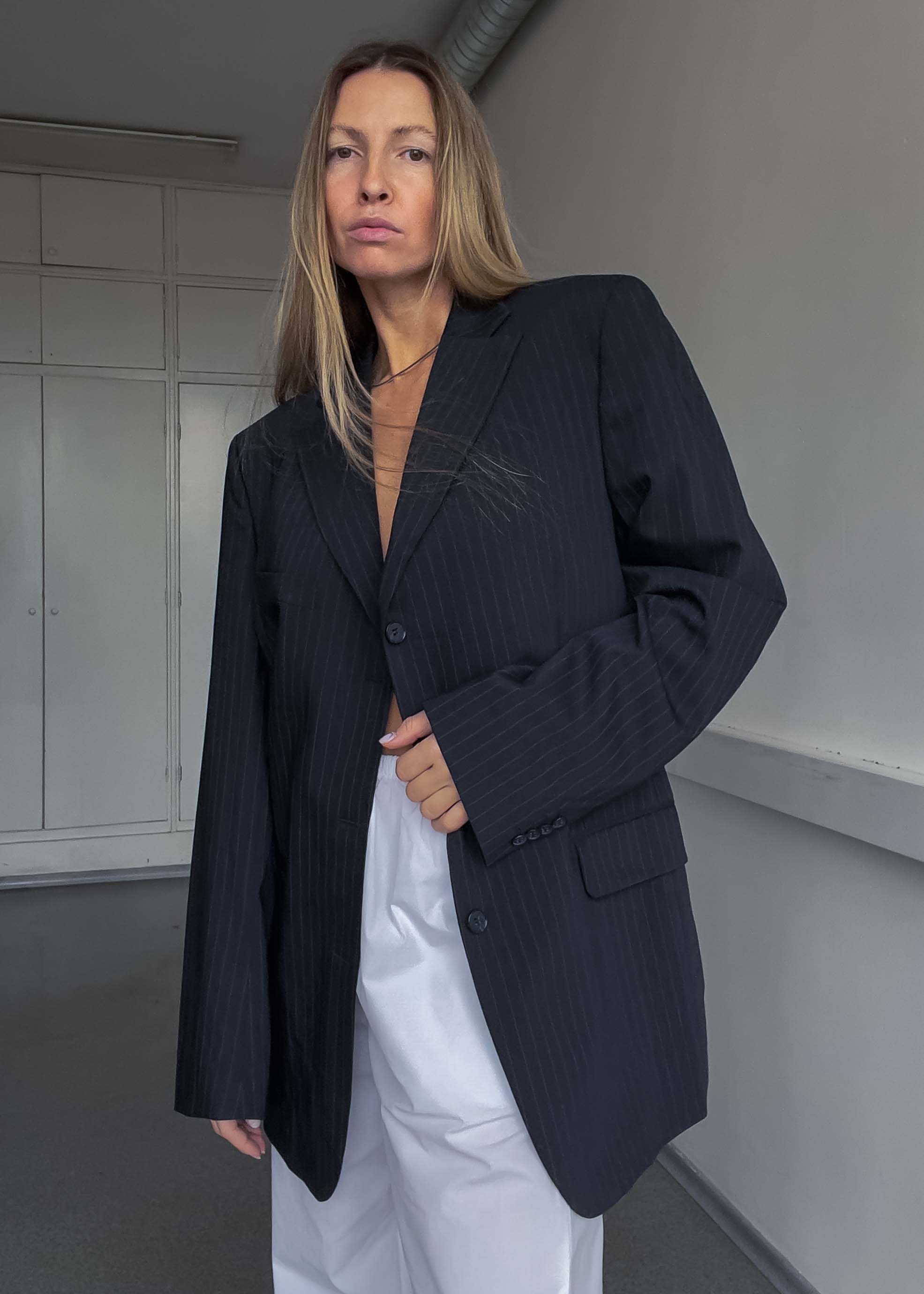 Vintage Navy Blue Oversized Pinstriped Blazer