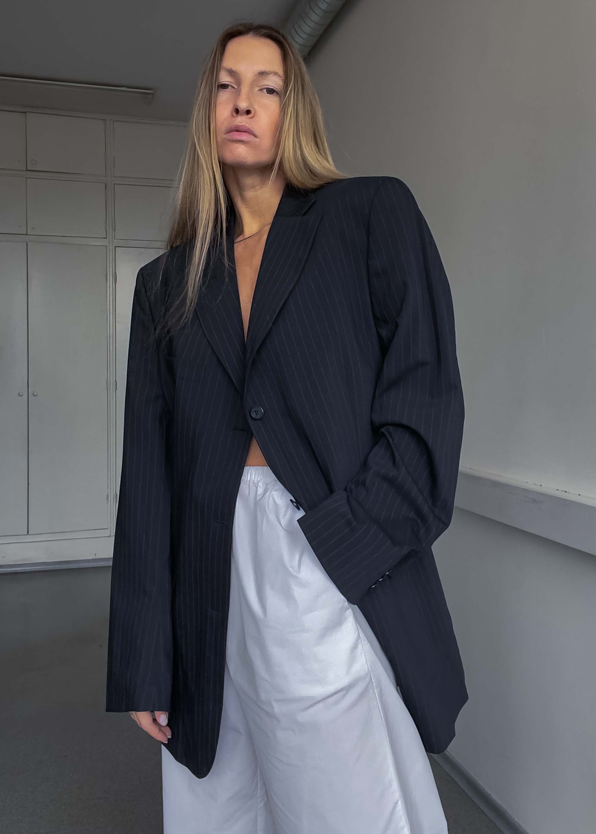 Vintage Navy Blue Oversized Pinstriped Blazer