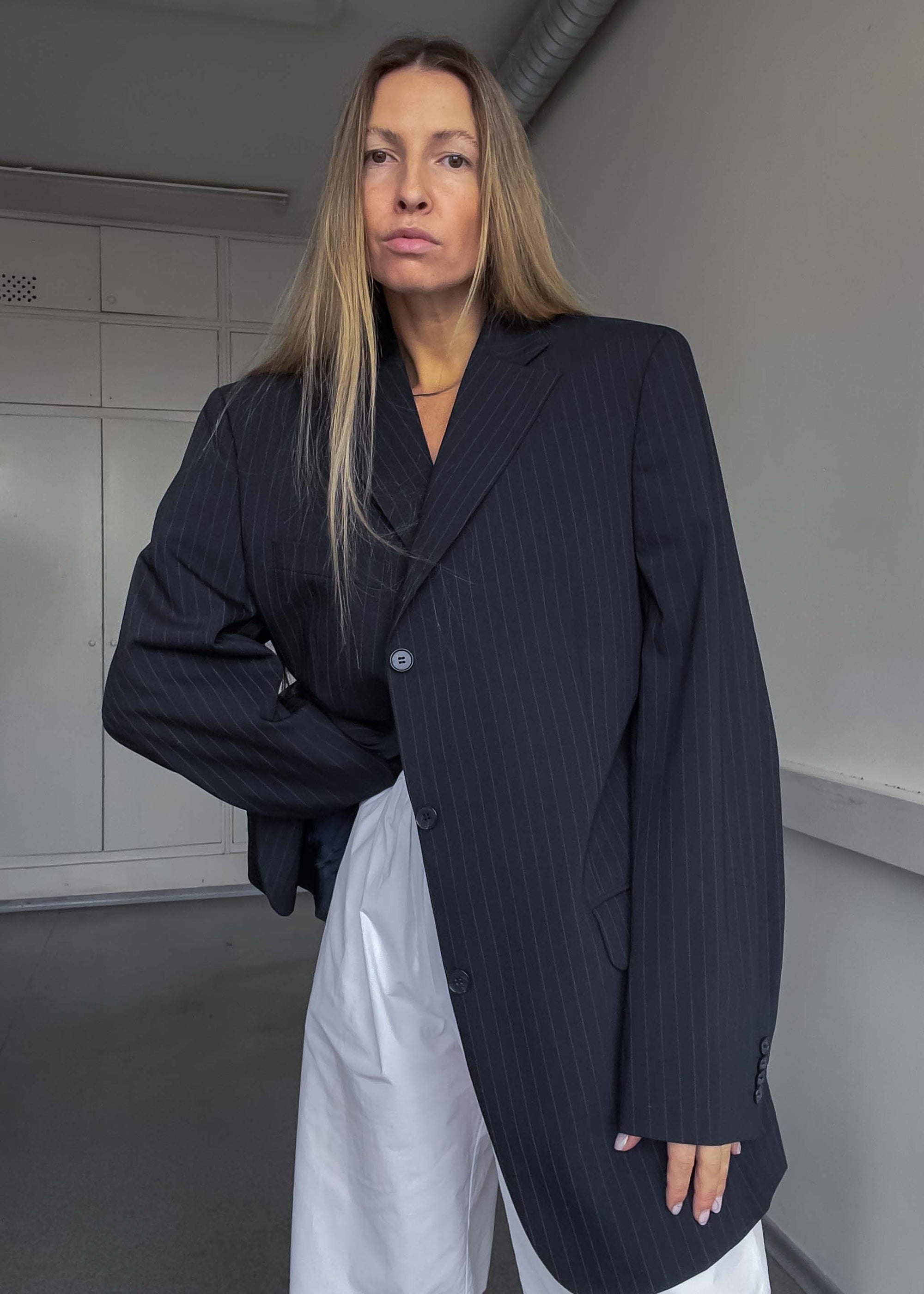 Vintage Navy Blue Oversized Pinstriped Blazer