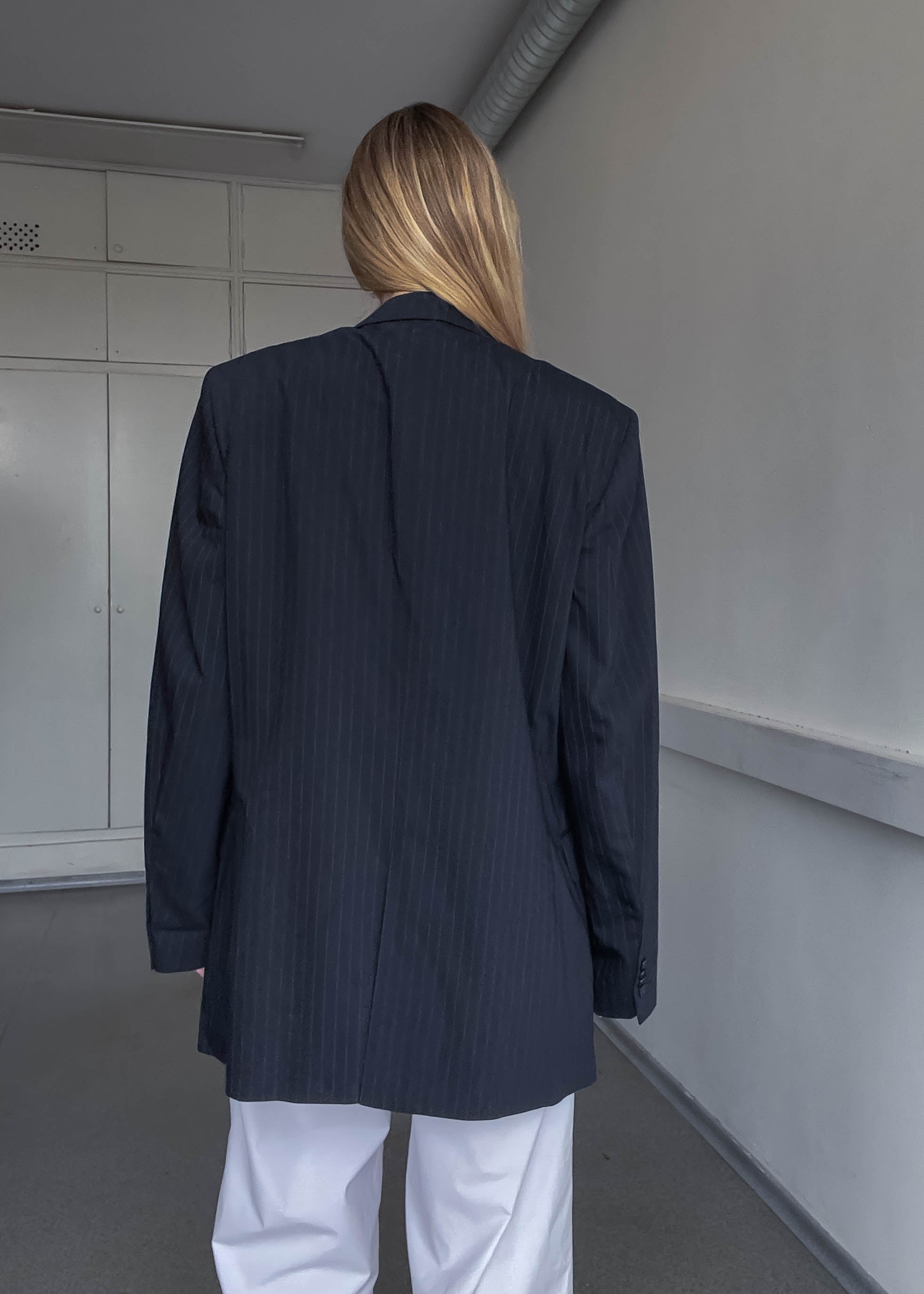Vintage Navy Blue Oversized Pinstriped Blazer