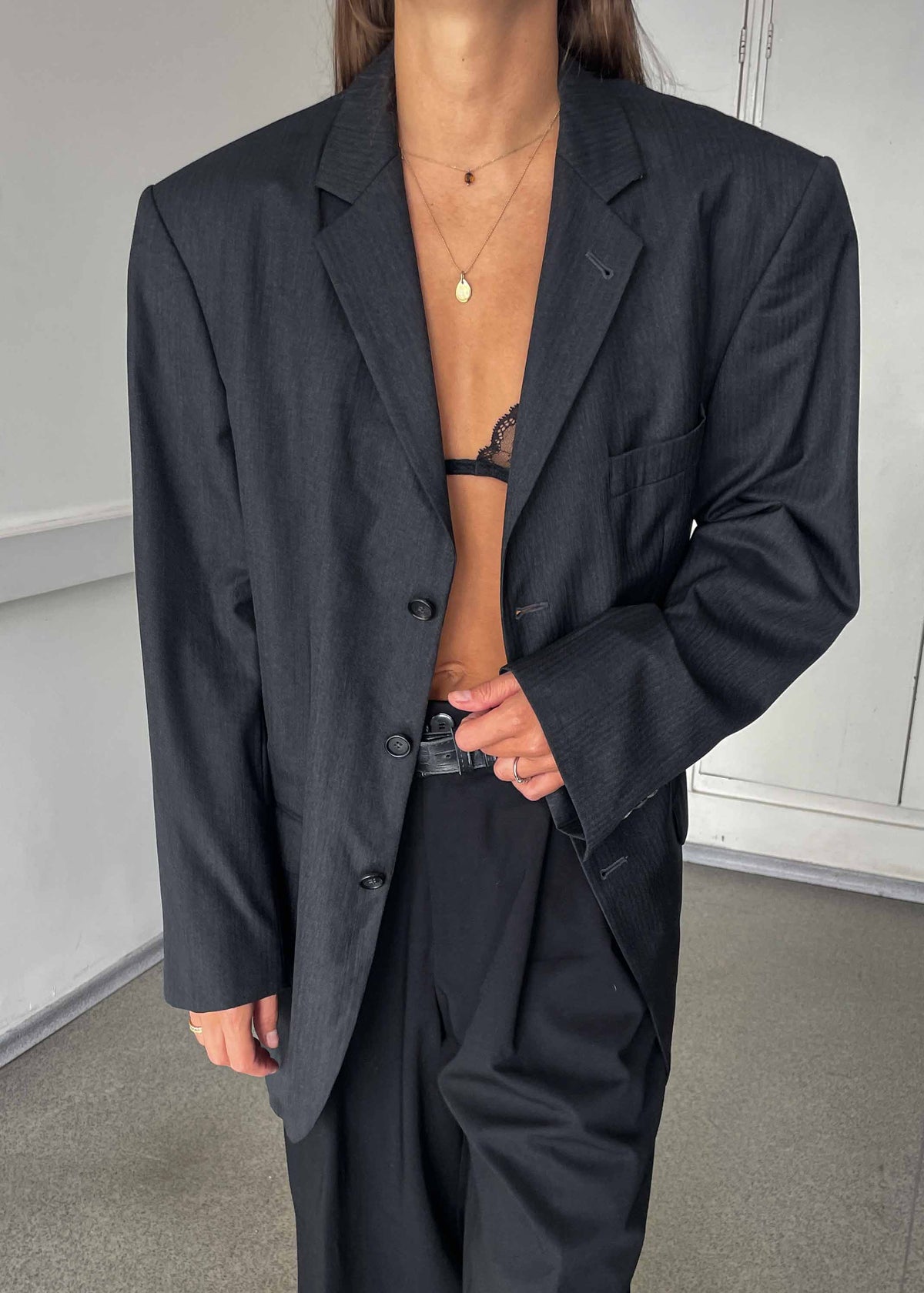 Vintage Grey Stripy Oversized 100% WOOL Blazer