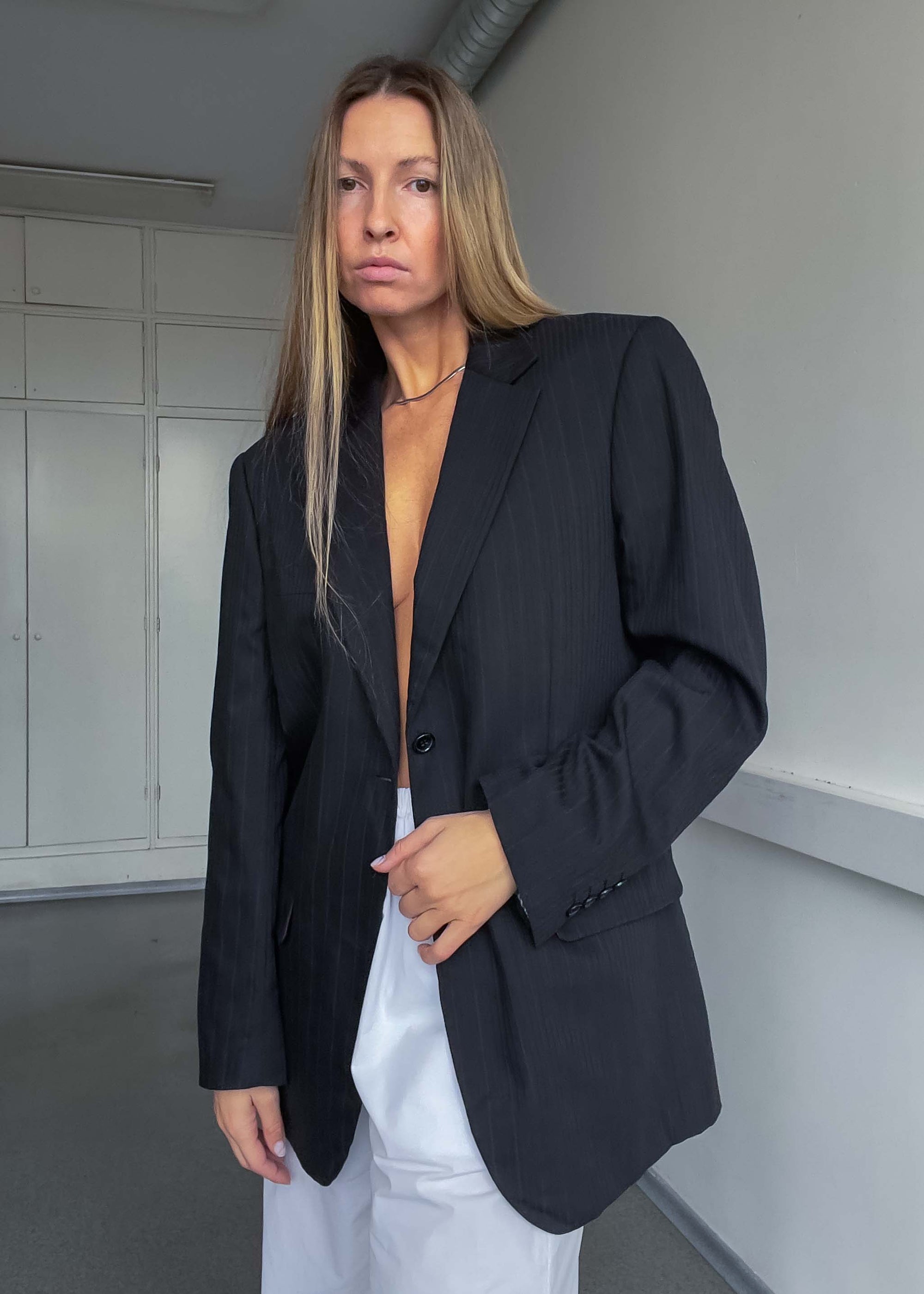 Vintage Dark Grey Striped Oversized Blazer