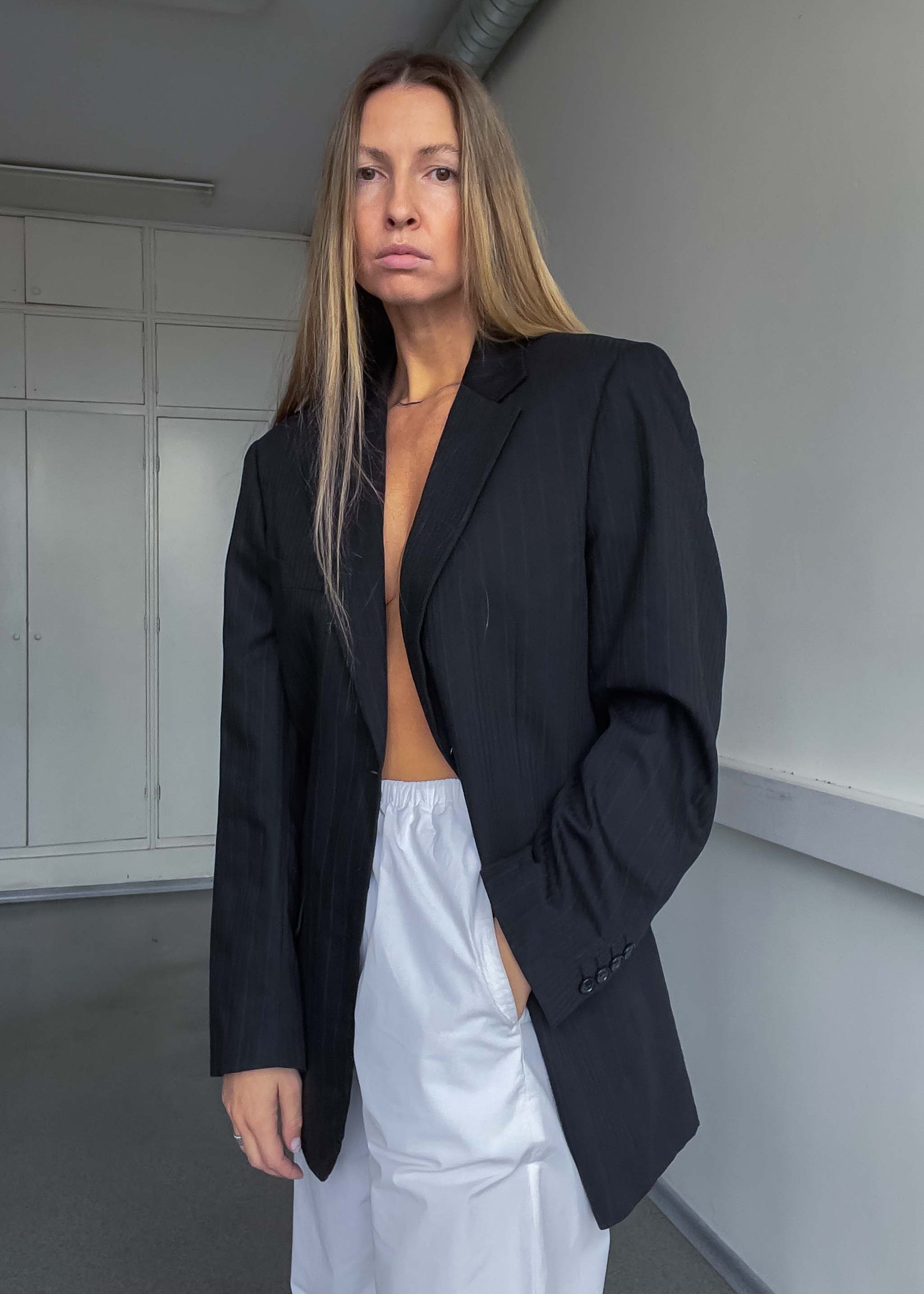 Vintage Dark Grey Striped Oversized Blazer