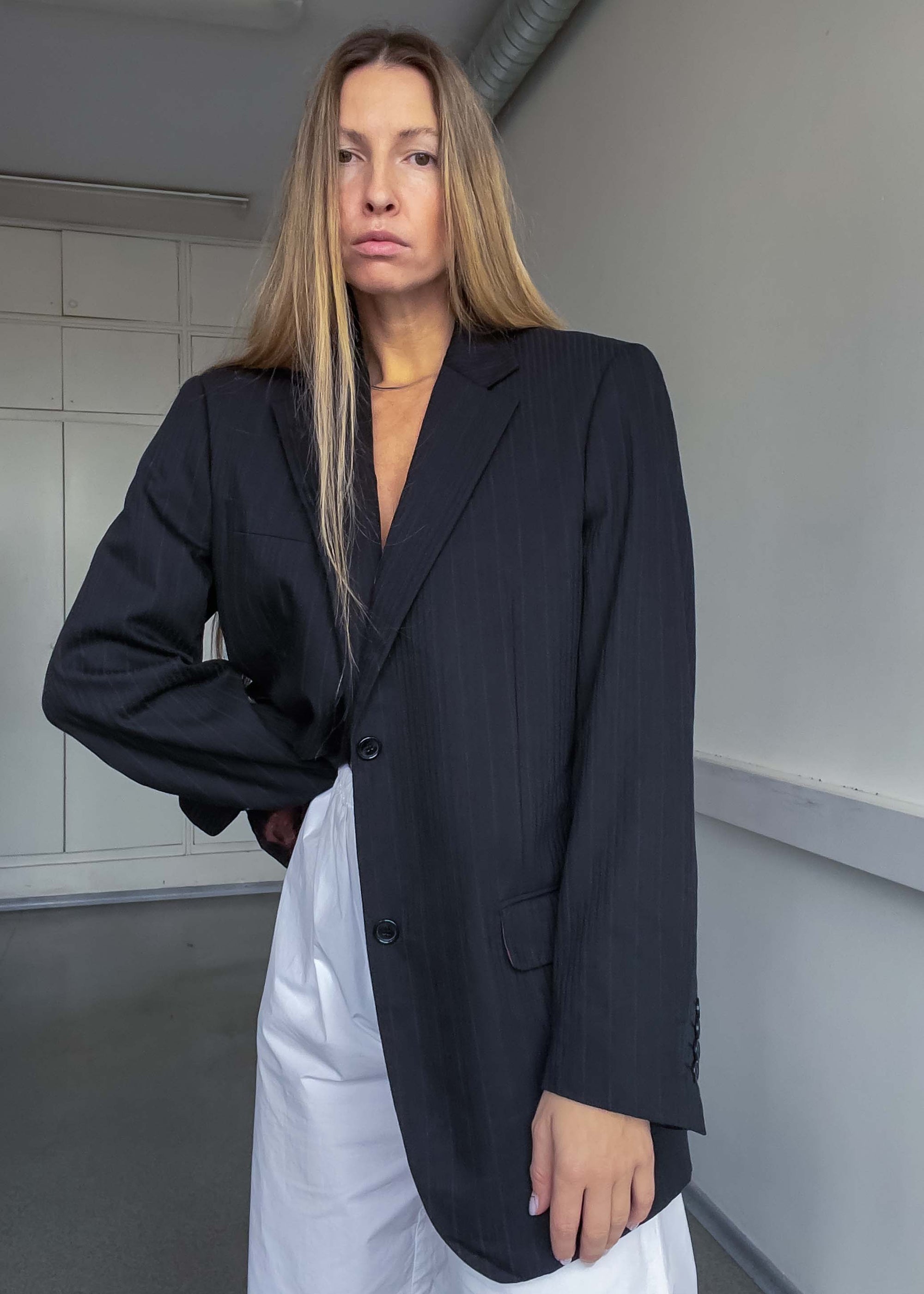 Vintage Dark Grey Striped Oversized Blazer