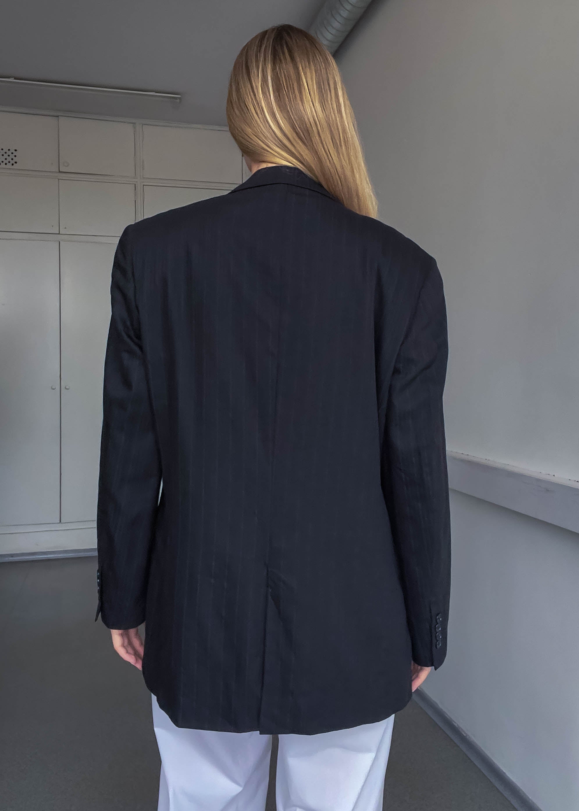 Vintage Dark Grey Striped Oversized Blazer