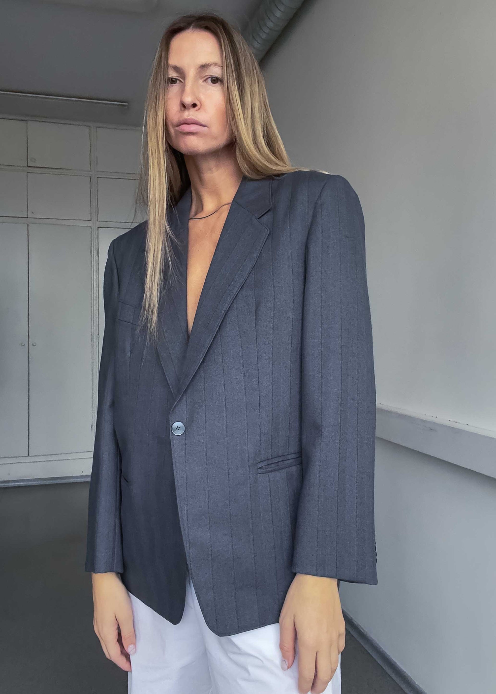 Vintage Grey Striped Oversized Smaller Fit Blazer