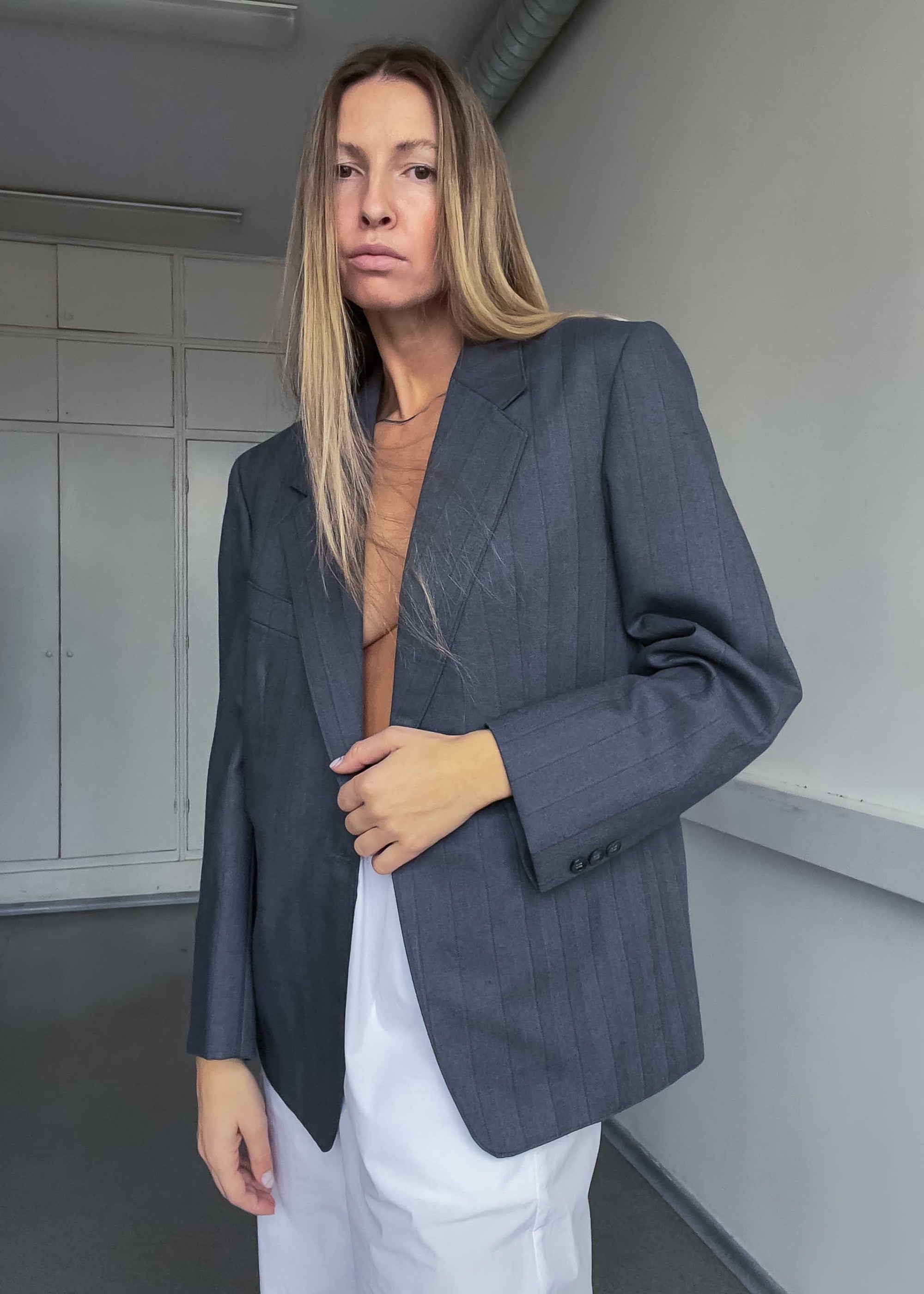 Vintage Grey Striped Oversized Smaller Fit Blazer