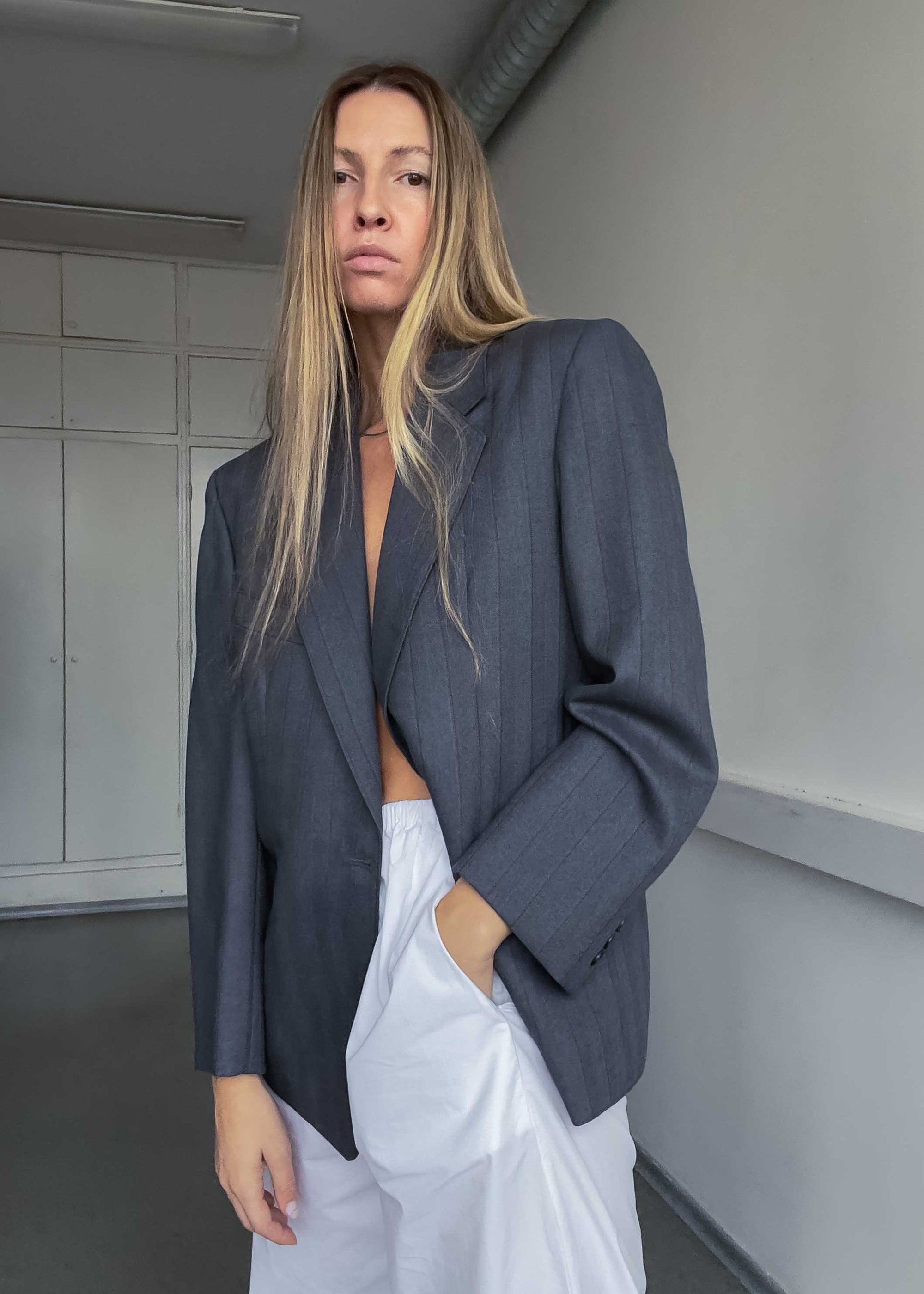 Vintage Grey Striped Oversized Smaller Fit Blazer