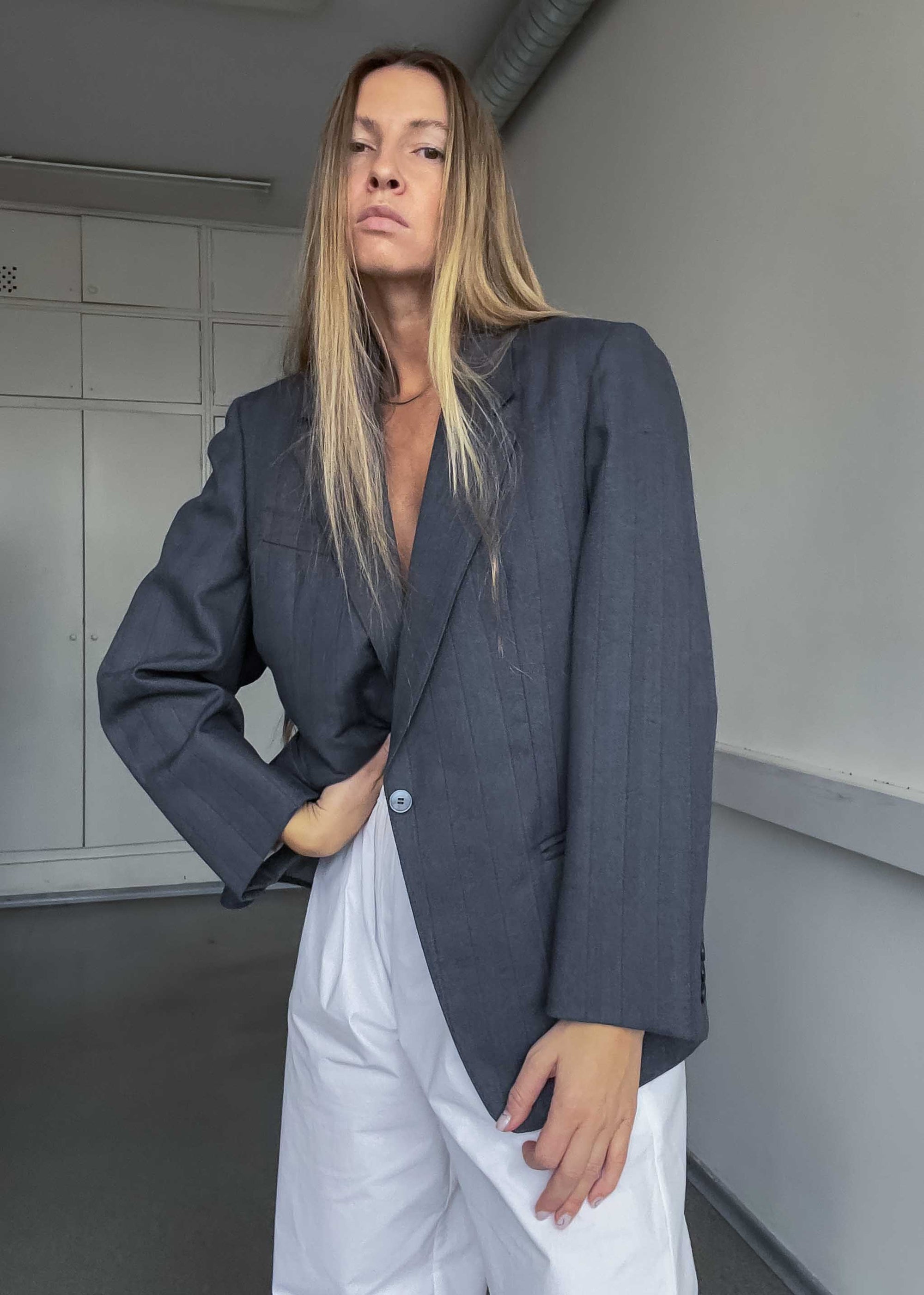 Vintage Grey Striped Oversized Smaller Fit Blazer