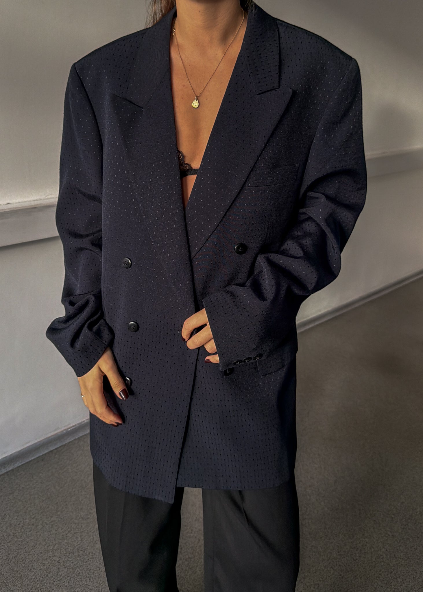 Vintage Dark Blue Patterned Oversized Double Breasted Blazer