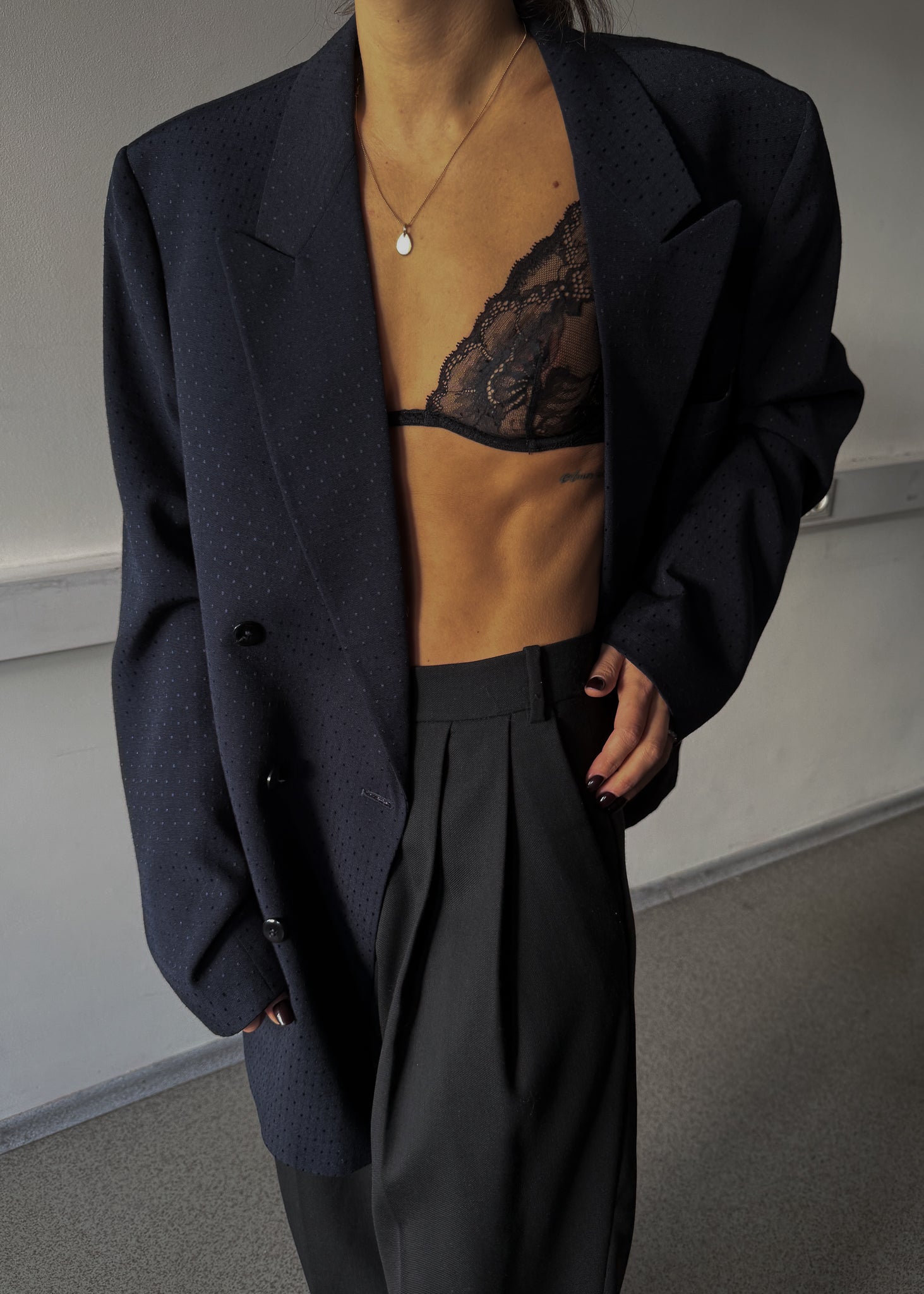 Vintage Dark Blue Patterned Oversized Double Breasted Blazer