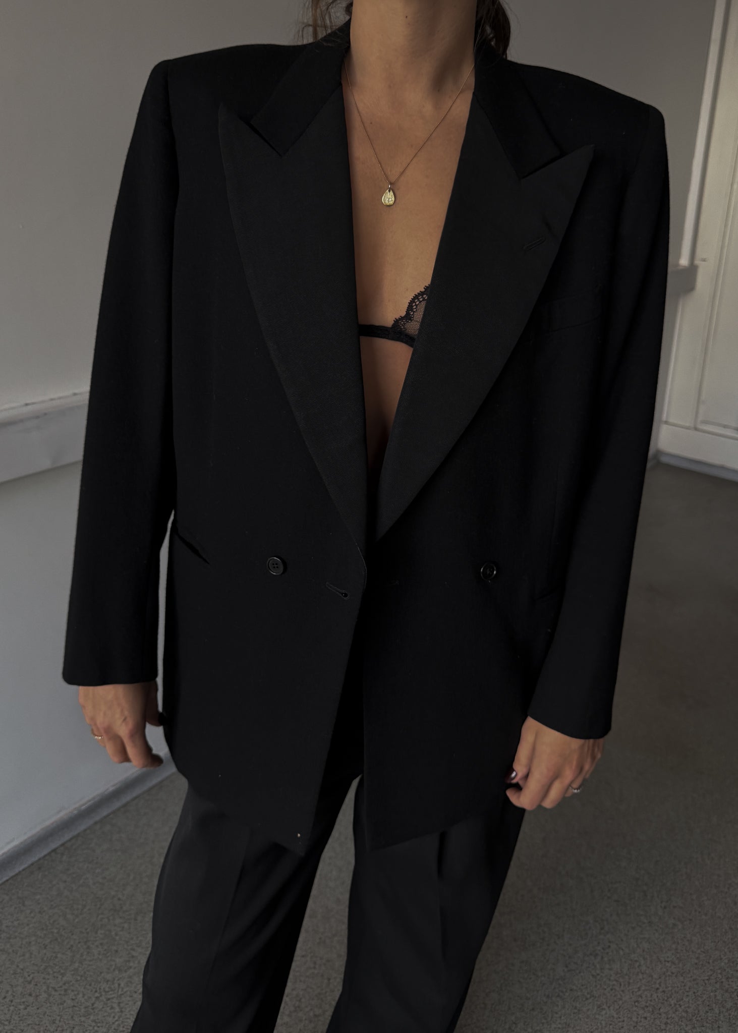 Vintage Black Brushed Wool Oversized Double Breasted Festive Blazer