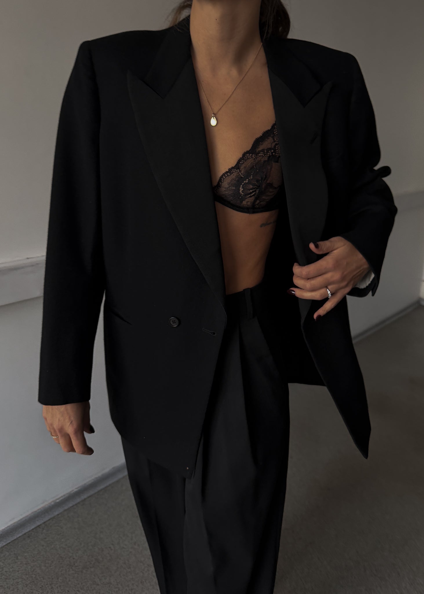 Vintage Black Brushed Wool Oversized Double Breasted Festive Blazer