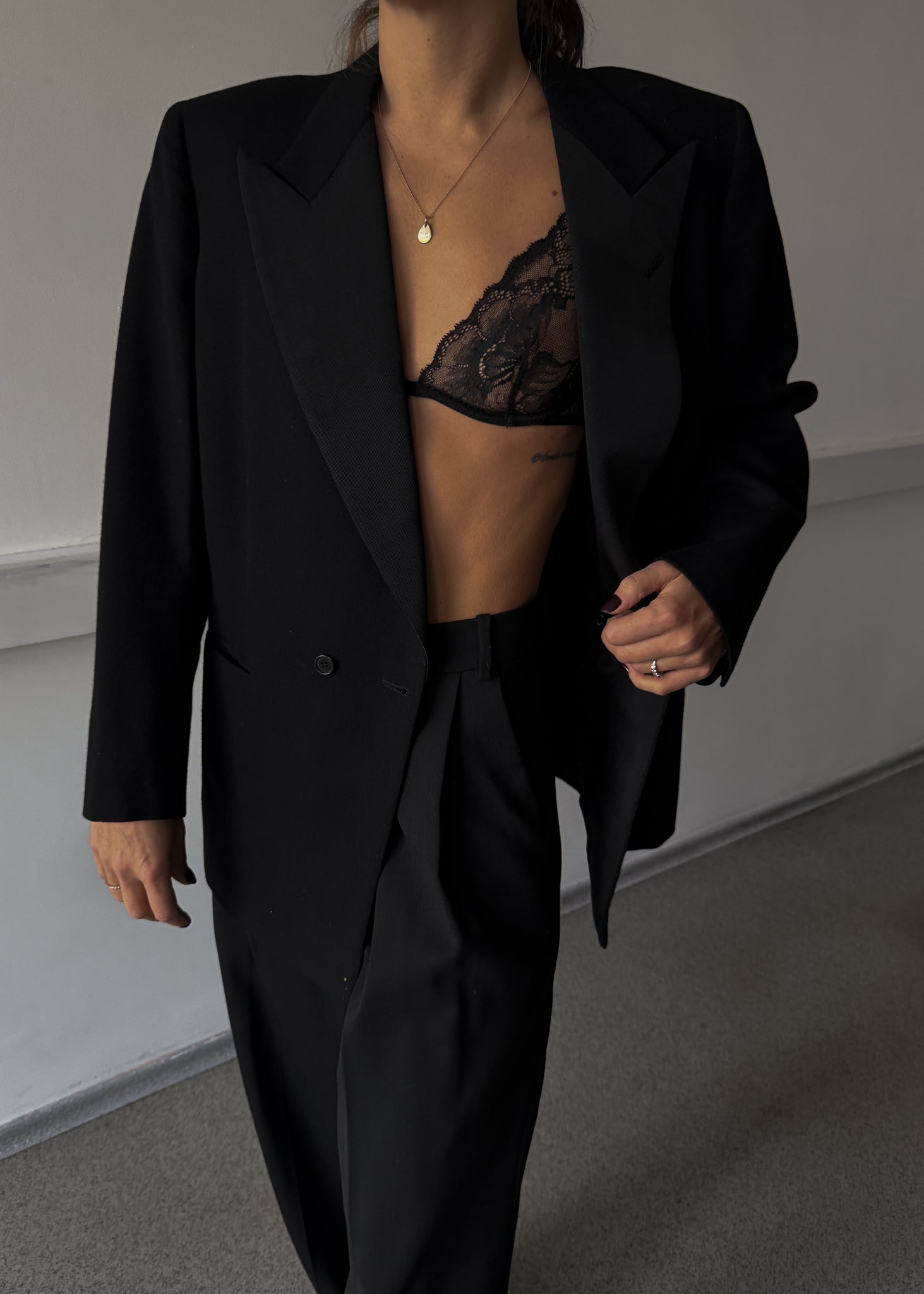 Vintage Black Brushed Wool Oversized Double Breasted Festive Blazer