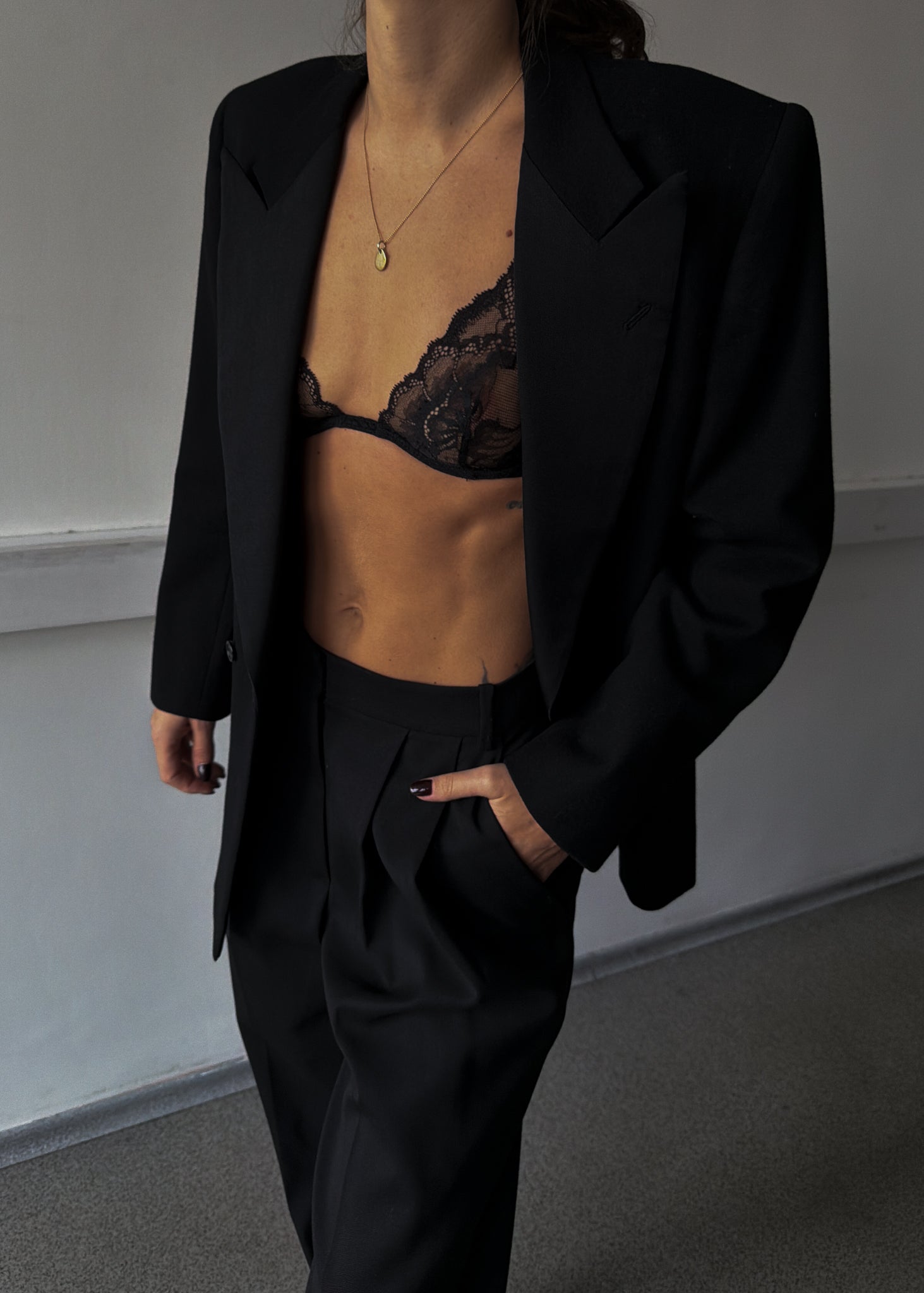 Vintage Black Brushed Wool Oversized Double Breasted Festive Blazer