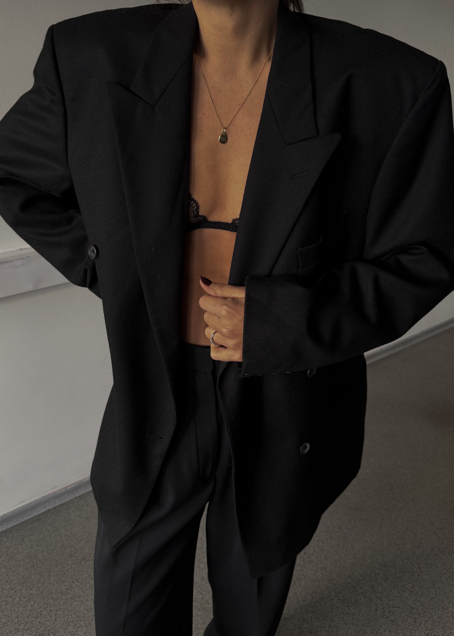 Vintage Black Brushed Wool Oversized Double Breasted Festive Blazer